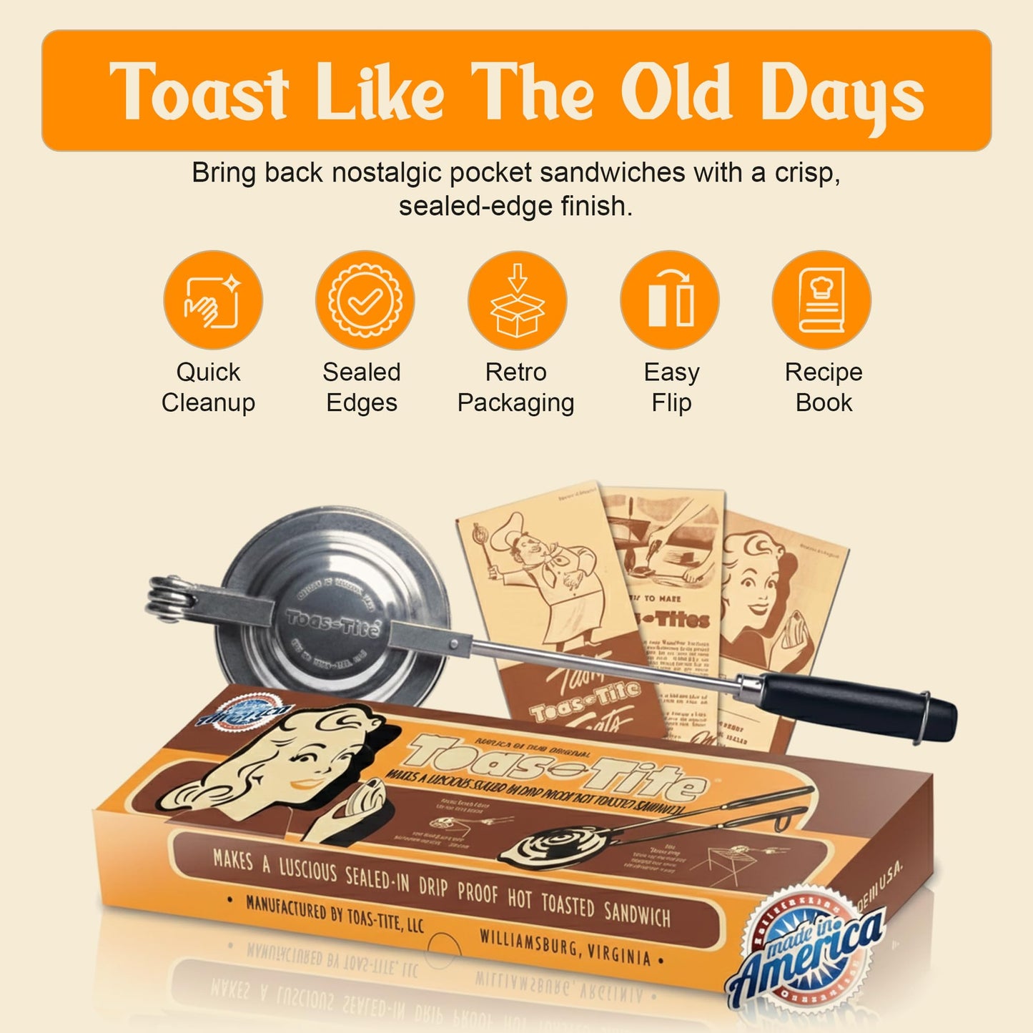 Toas-Tite Handheld Sandwich Maker, Classic Sandwich Grill & Panini Press, Cast Aluminum Pie Iron, Retro 1945 Stovetop & Campfire Toaster for Hot Sandwiches, Pies, Paninis, RV & Camping