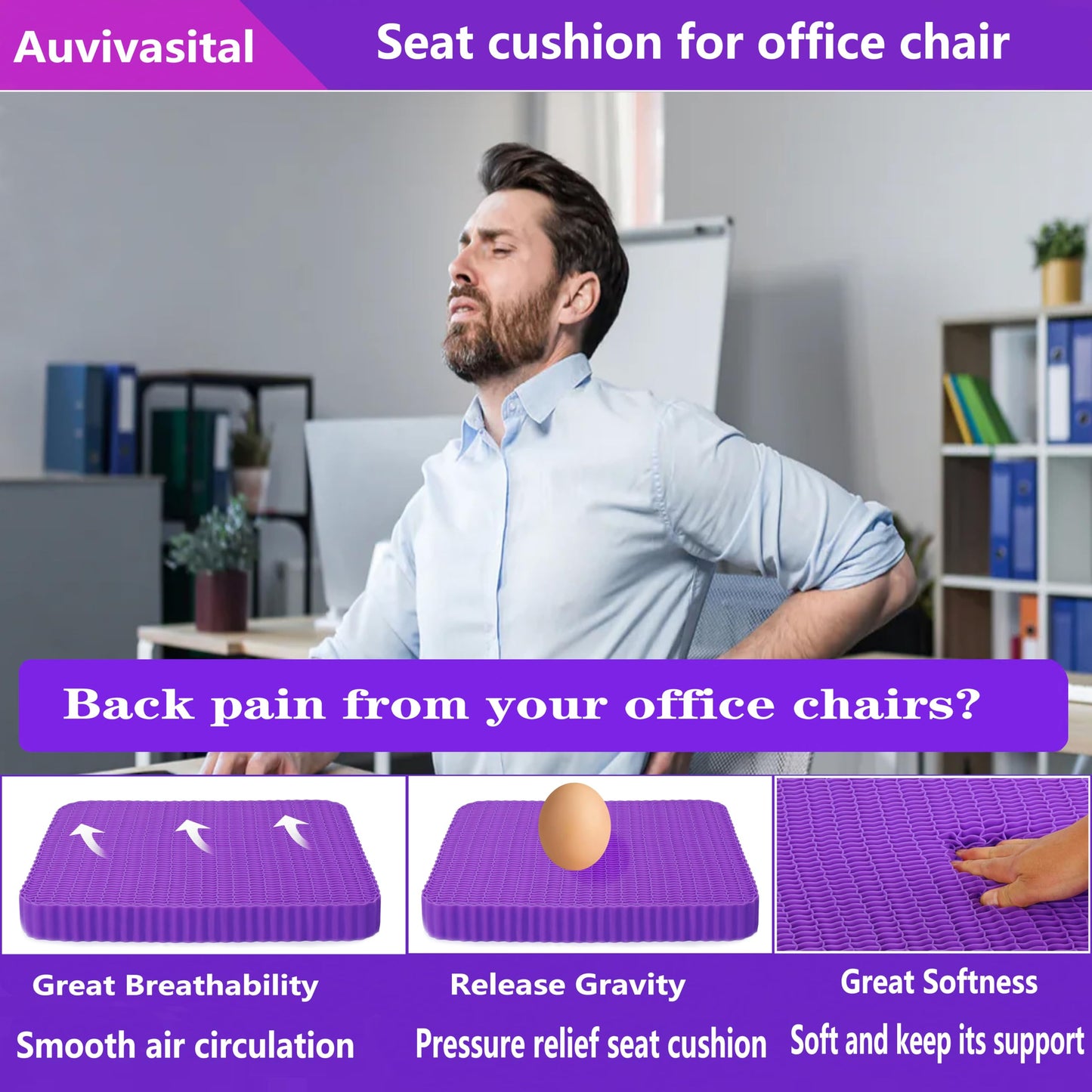 Innovative Gel Seat Cushion for Long Sitting, Soft and Breathable, Seat Cushion for Back, Sciatica, Hip, Tailbone Pain Relief, Used for The Office, Wheelchair, Recliner, Car, Stadium, Kayak.(Púrpura)
