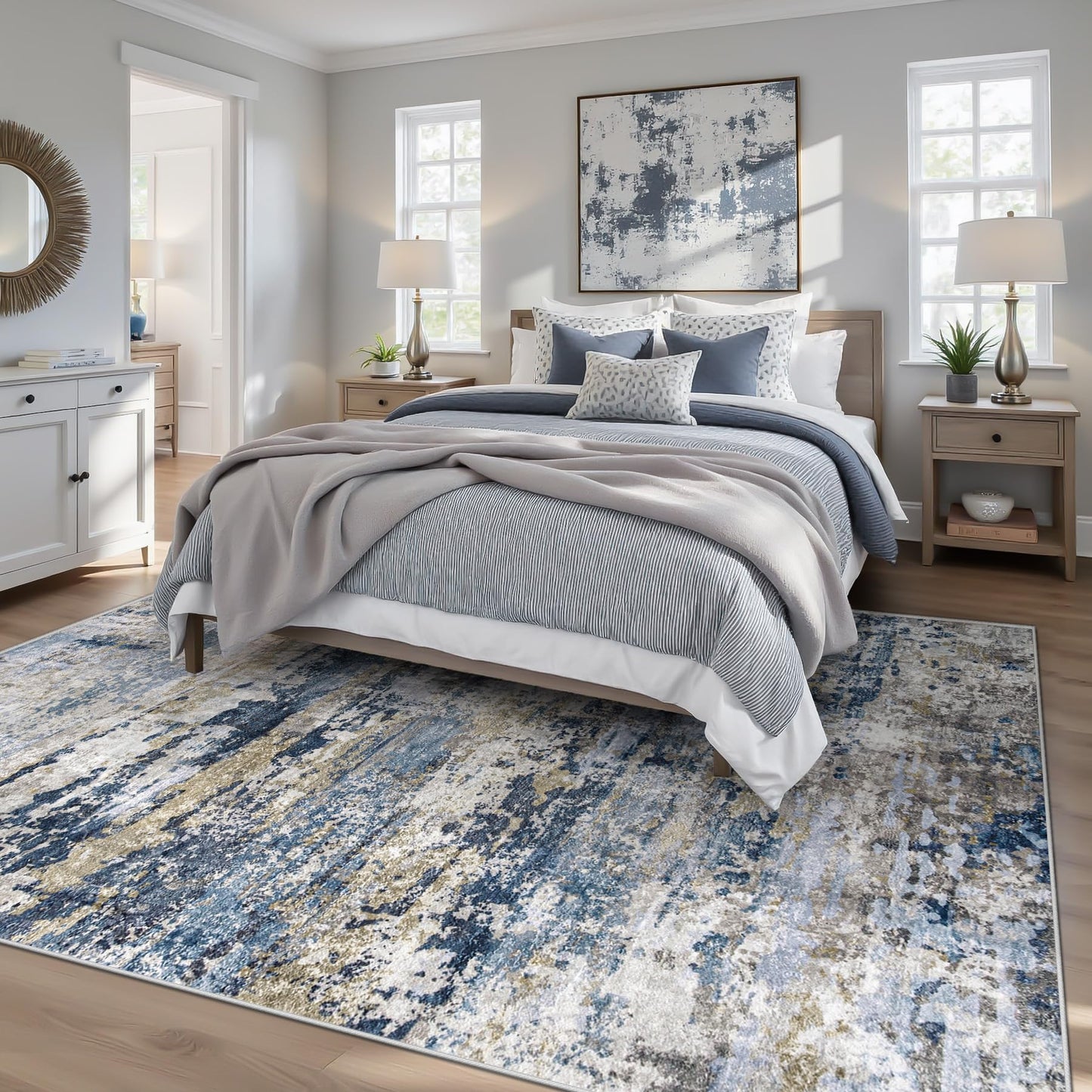pmtsns Area Rugs 5x7 for Living Room: Washable Rug Modern Abstract Neutral Soft Non-Slip Low-Pile Indoor Carpet for Bedroom Dining Room Playroom Home Office (Blue Grey Brown, 5'x7')