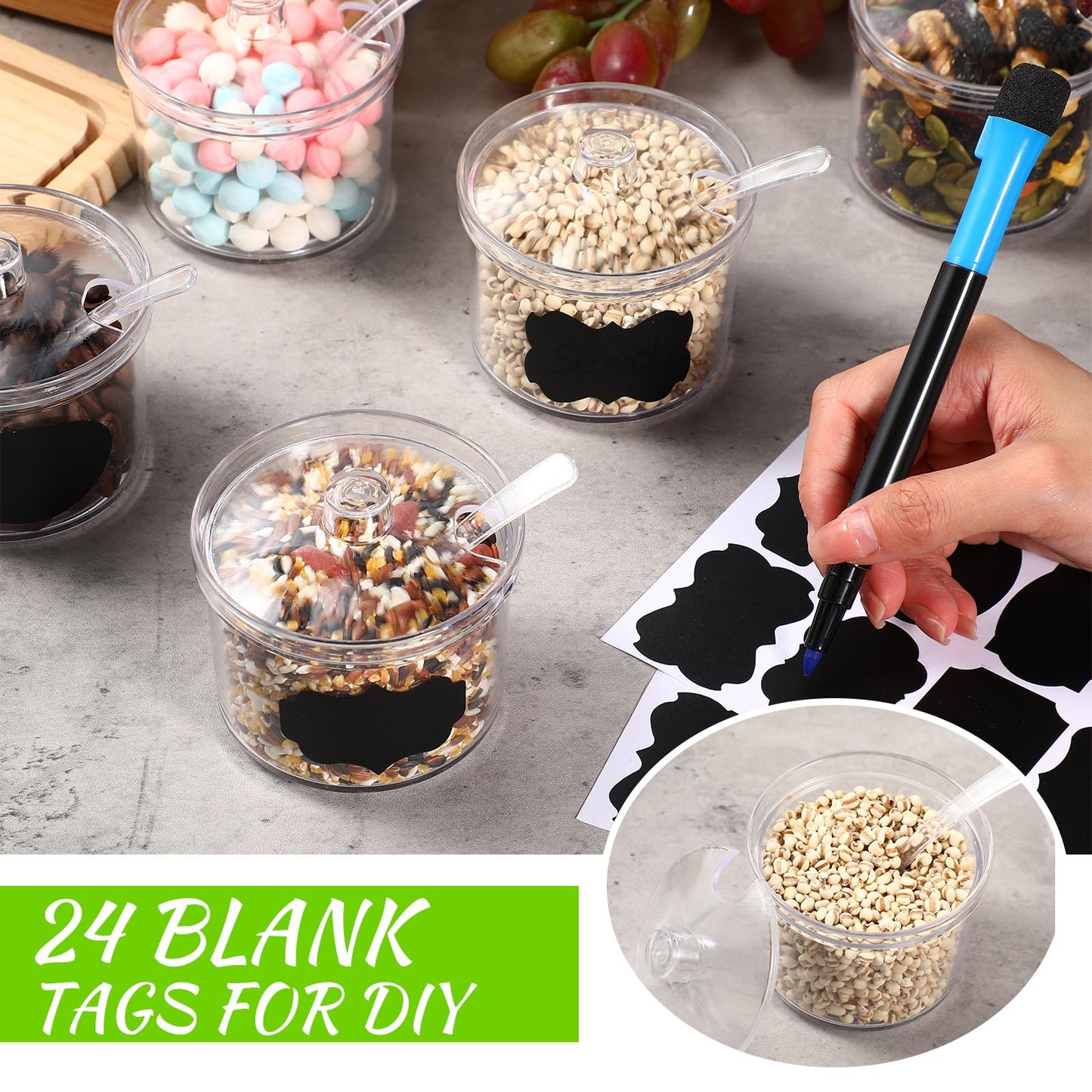 Tioncy 12 Pcs Ice Cream Bar Supplies Sugar Bowls with Lid and Spoon Acrylic Candy Dispenser Party Bar Hot Cocoa Sundae Caramel Apple Dipping Container with Tag (13.5 oz,Clear)