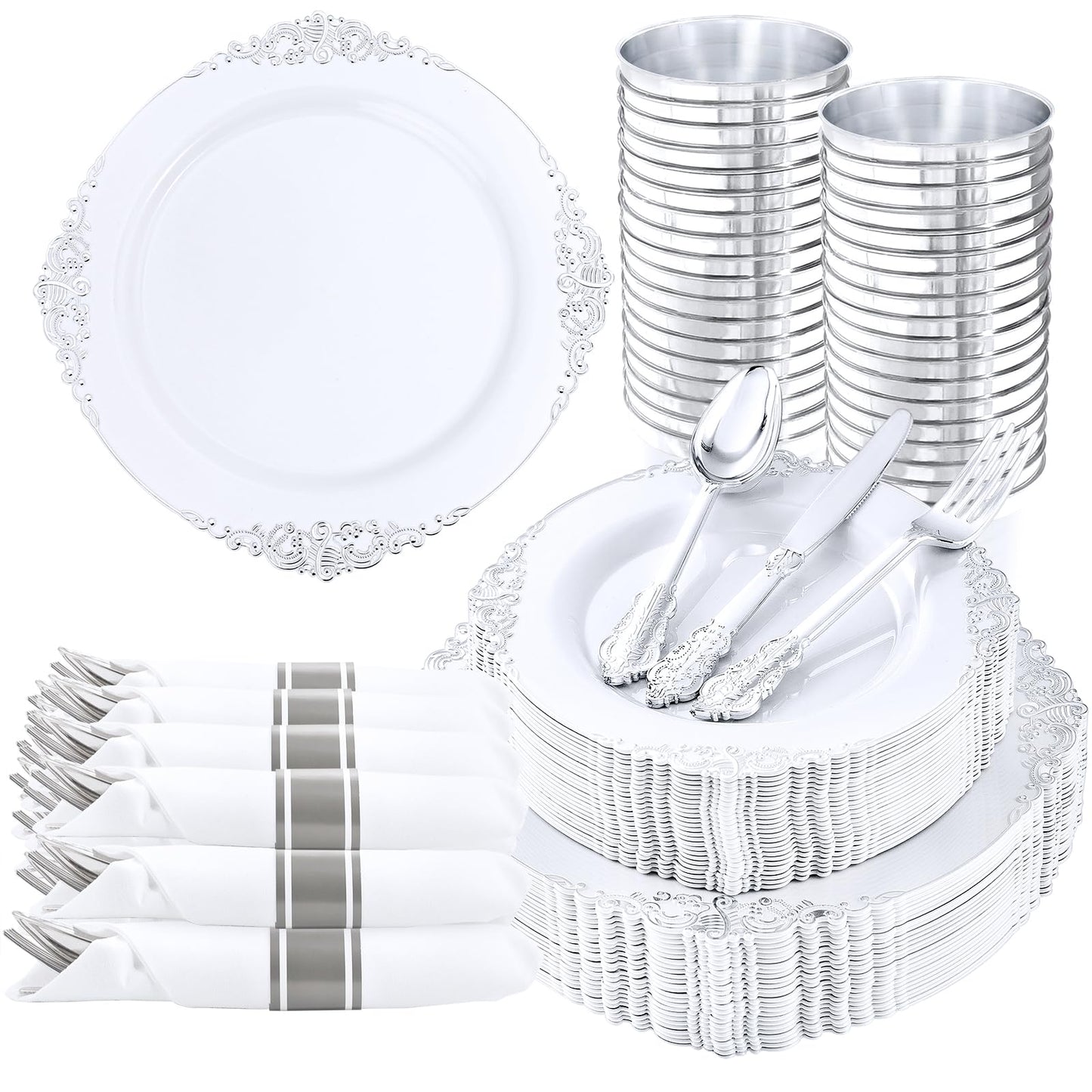 Nervure 350PCS Silver Plastic Plates - Silver Plastic Dinnerware Sets for 50 Guests - 100 Disposable Plates, 150 Silverware, 50 Cups, 50 Napkins for Wedding & Party