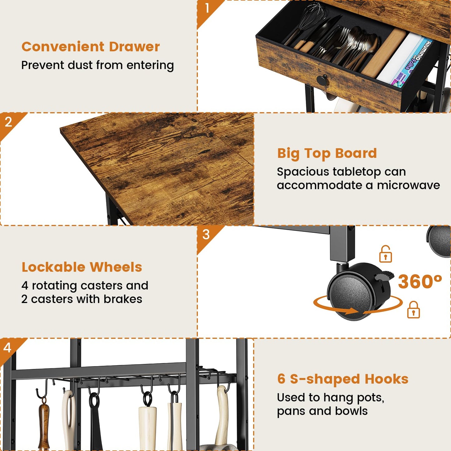 Draelibor Microwave Cart, 4-Tier Microwave Stand with Adjustable Shelf, Kitchen Storage Cart on Wheels, Coffee Bar Cart Shelf for Living Room, Kitchen Island, Office, Balcony, Rustic Brown