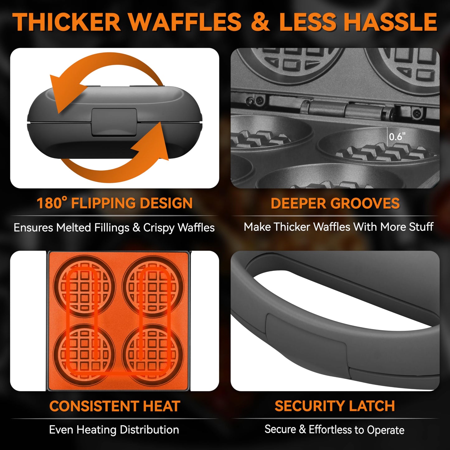 Baker's Friend Multi Stuffed Waffle Maker Thick, 4-Slice with 1.2'' Thick & 4'' Dia, Belgian Mini Waffle Maker Flip, Nonstick Breakfast Sandwich Maker, Stuffed Waffle Iron, Graphite