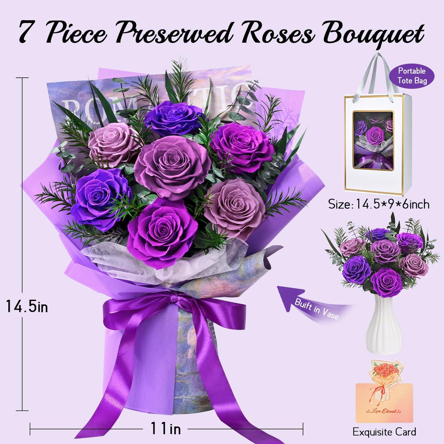 Flowers for Delivery Prime 7 Roses, Mothers Day Flowers for Mom, Mothers Day Gifts, Forever Preserved Purple Flower Bouquet Eternas Rose Birthday Gifts for Women Gf Gifts Wedding Anniversary