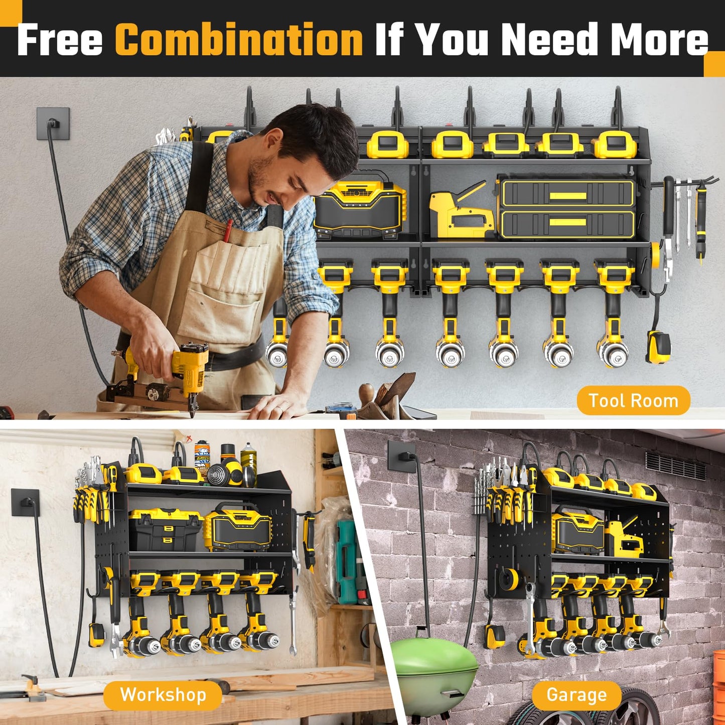 ZESEN Power Tool Organizer Wall Mount, 3 Layer Charging Station with 6 Outlets, 4 Drill Holders and Drill Bit Rack, Tool Holder Storage Shelf Rack for Garage, Workbench and Workshop, Black