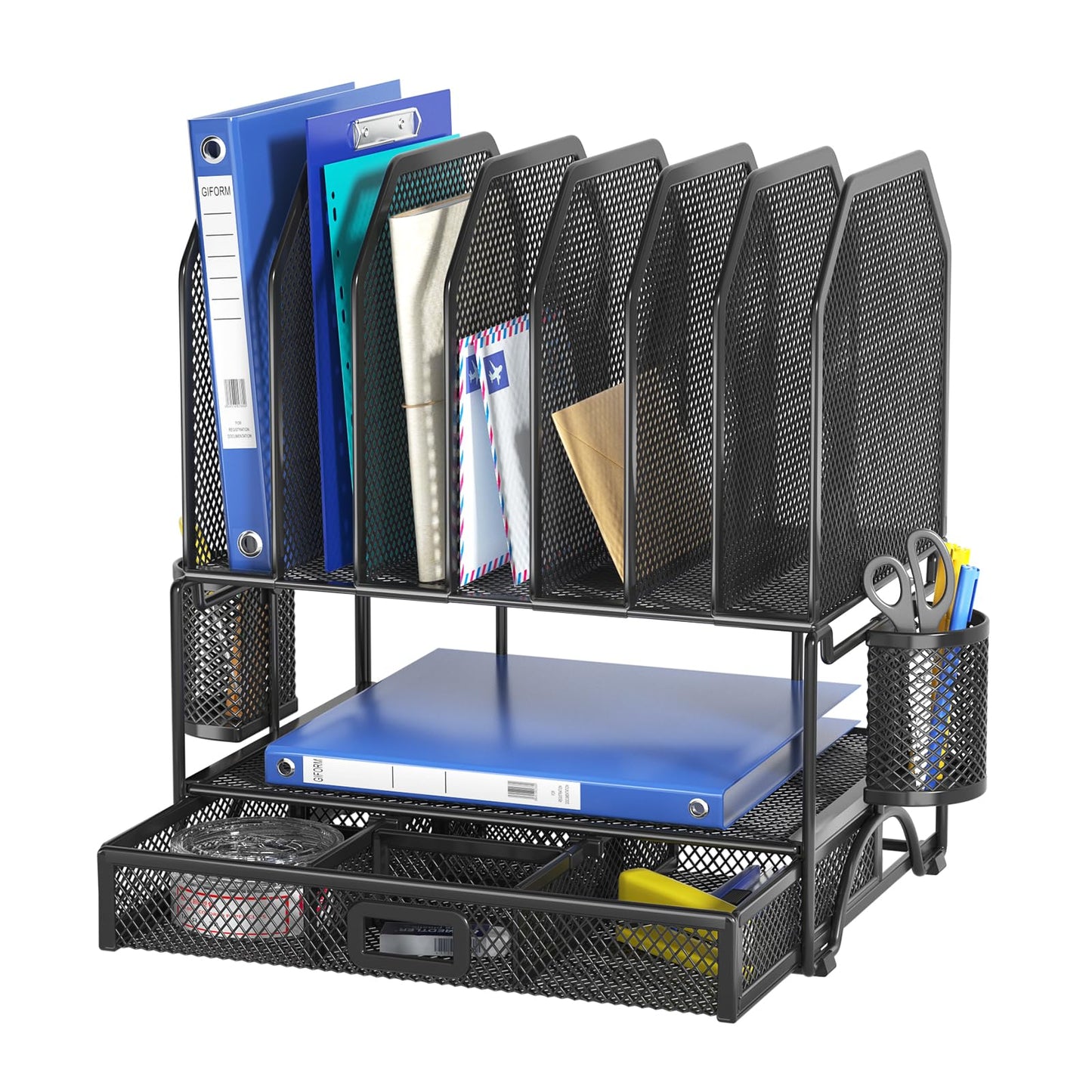 FANXIYQ Metal Desk Organizer with Adjustable Compartments, Black Office Desk Accessories for Home & Work, 7-Section Desktop File Folder Storage, Hanging Pen Holder, Bill Organizer for Desk