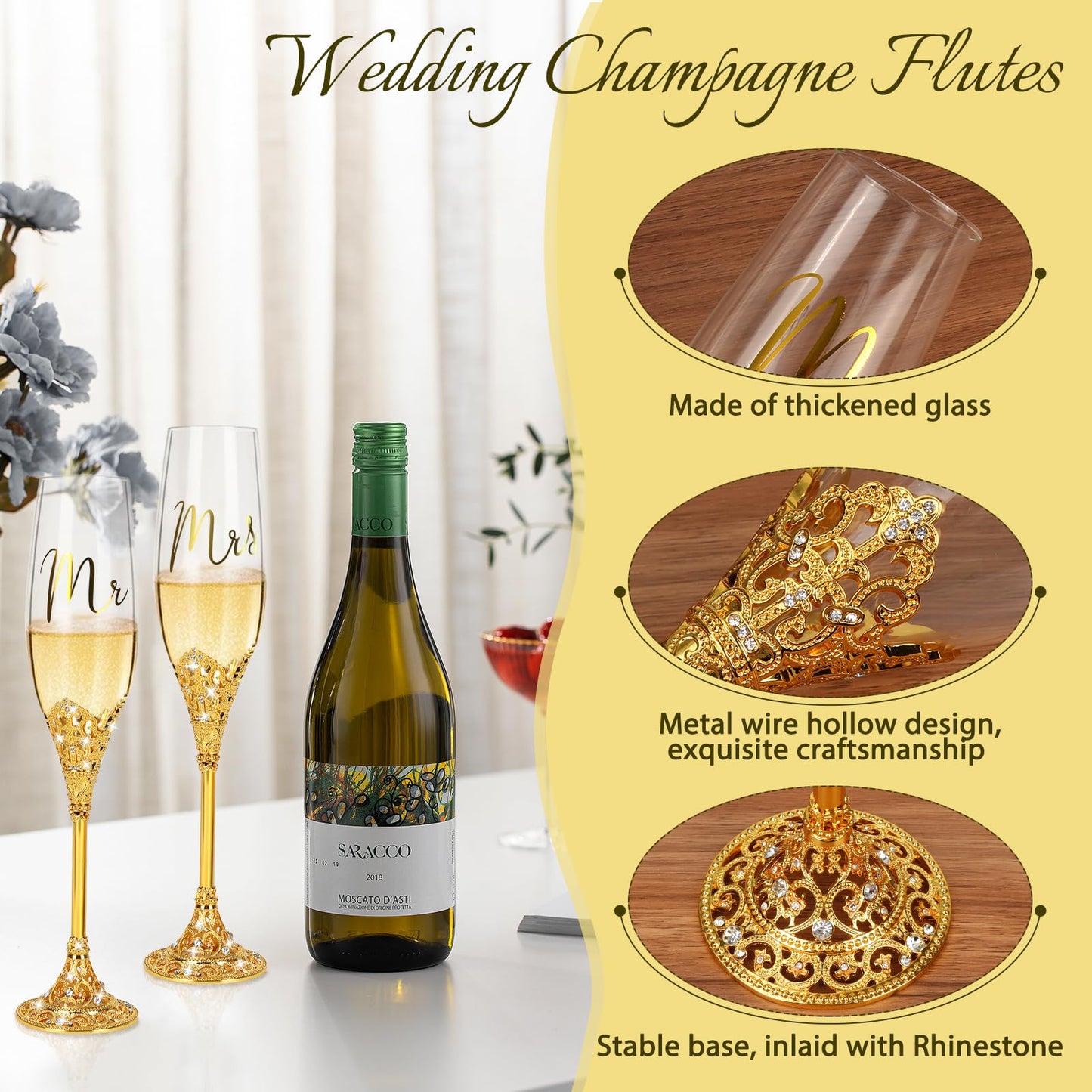 juciasouul 6 PCS Wedding Cake Knife and Champagne Flutes Server Set with Fork Mr and Mrs Champaign Flutes, Bride and Groom Champagne Glasses Crystal Rhinestone Wedding Toasting Glasses Parties