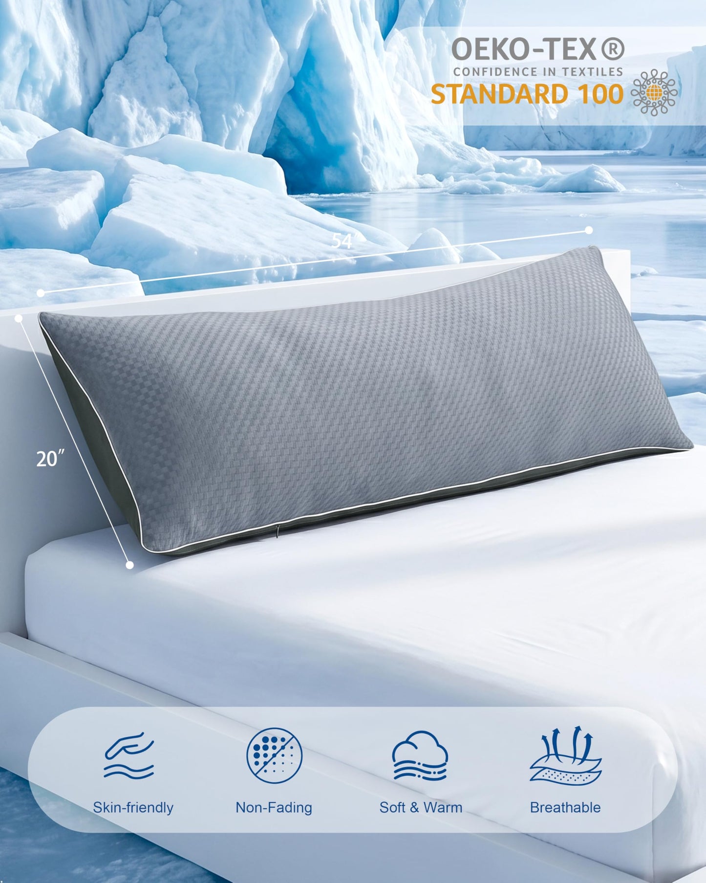 YZ HOME Cooling Body Pillow for Adults- Pillow Insert with Shredded Blue Memory Foam, Soft Support for Side Sleepper, Pregnant Women, Back Pain Relief, Washable Pillowcase (20x54 Inch, Grey)