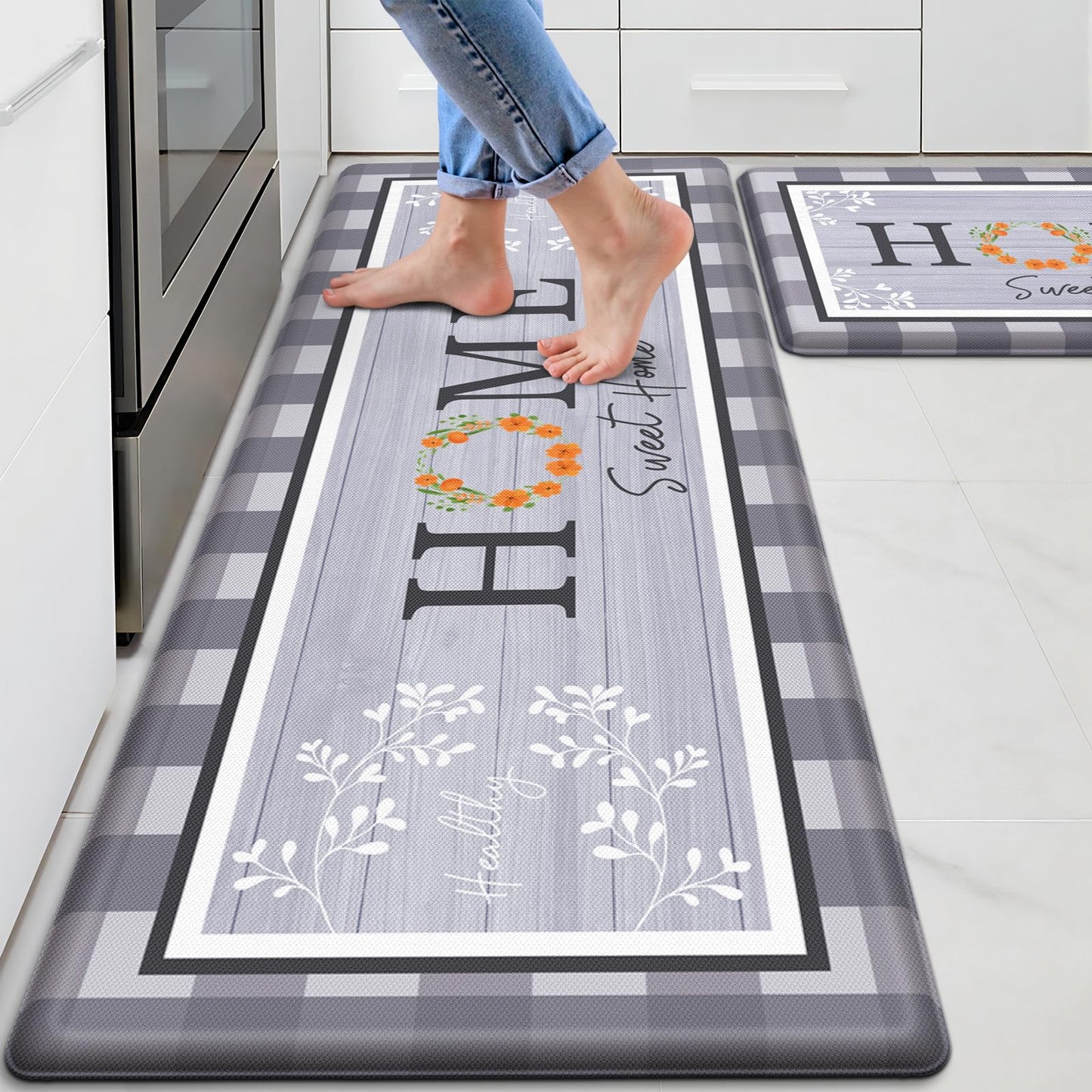 SofterCharm Kitchen Rugs, 2 PCS Kitchen Mats for Floor, Cushioned Non-Slip Anti Fatigue Mats for Kitchen Floor, Kitchen Runner Rugs for Standing Desk, Office, Laundry (17.3’’ x 30’’ + 17.3’’ x 47.2’’)