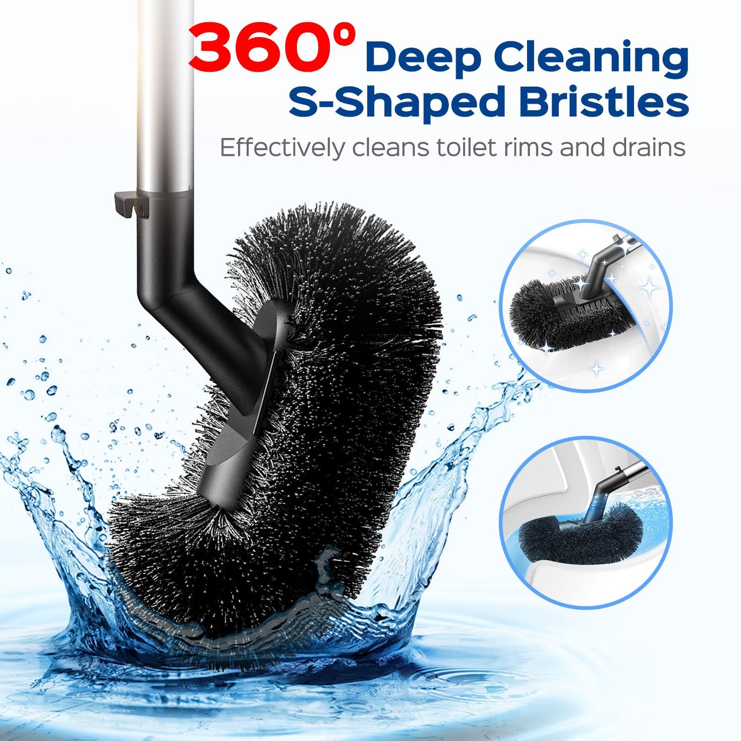 HAMITOR Toilet Plunger and Brush Set: 2 in 1 Stainless Steel Bowl Brush with Holder, Deep-Cleaning Curved Bristles and Heavy Duty Unclogger, Compact Design for Household & Hotel, Silver, 2-Pack