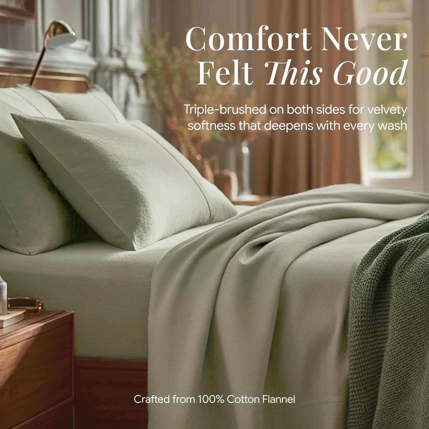 Tribeca Living King Cotton Flannel Flat Sheet Only 170-GSM - Oversized 112 x 106 Inch Dimensions for Generous Bed Coverage - Soft Breathable Bedding in Green