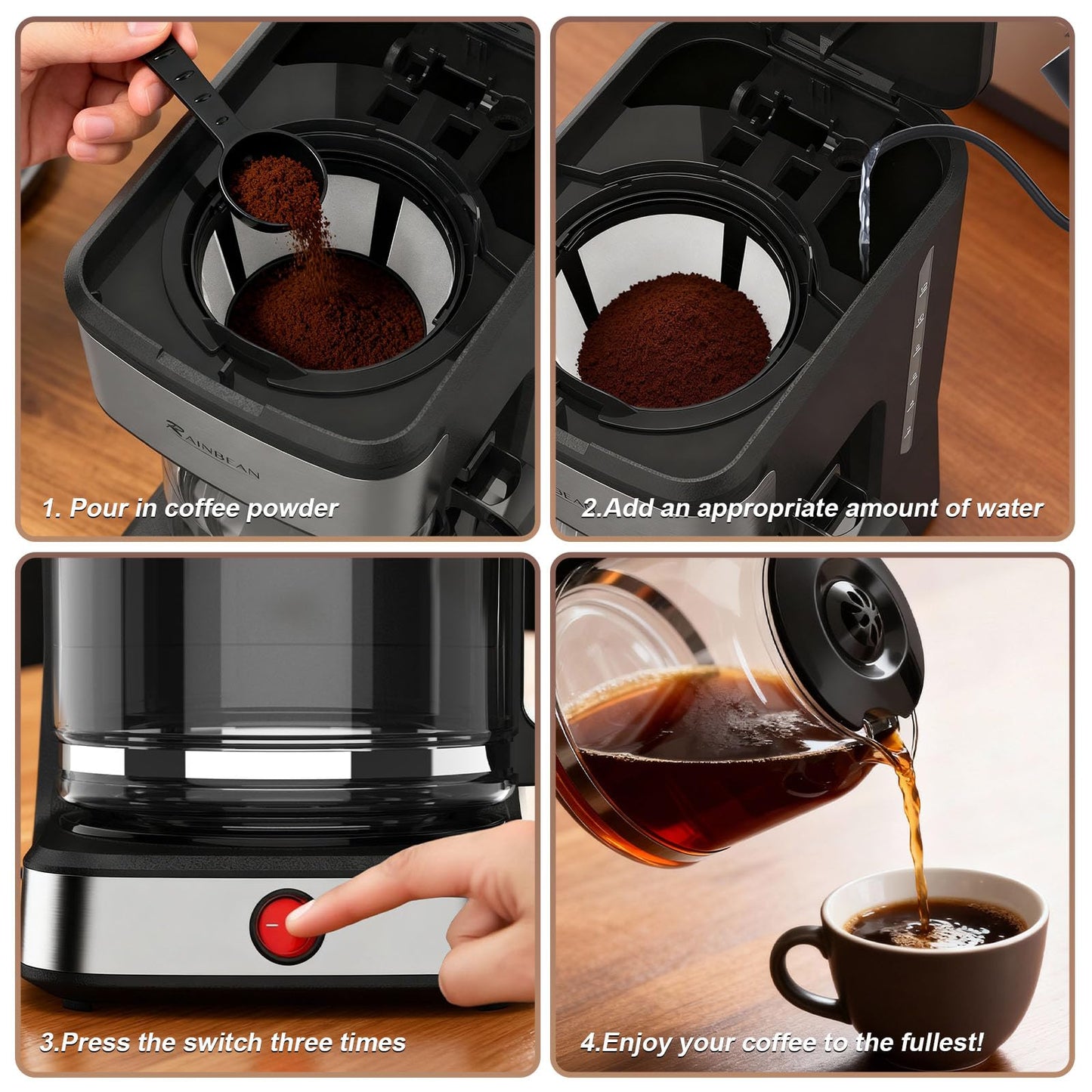 RAINBEAN 12-Cup Drip Coffee Maker,Home/Office Coffee Brewing Machine with Removable Filter,Glass Carafe and Heated Base,Black & Stainless Steel