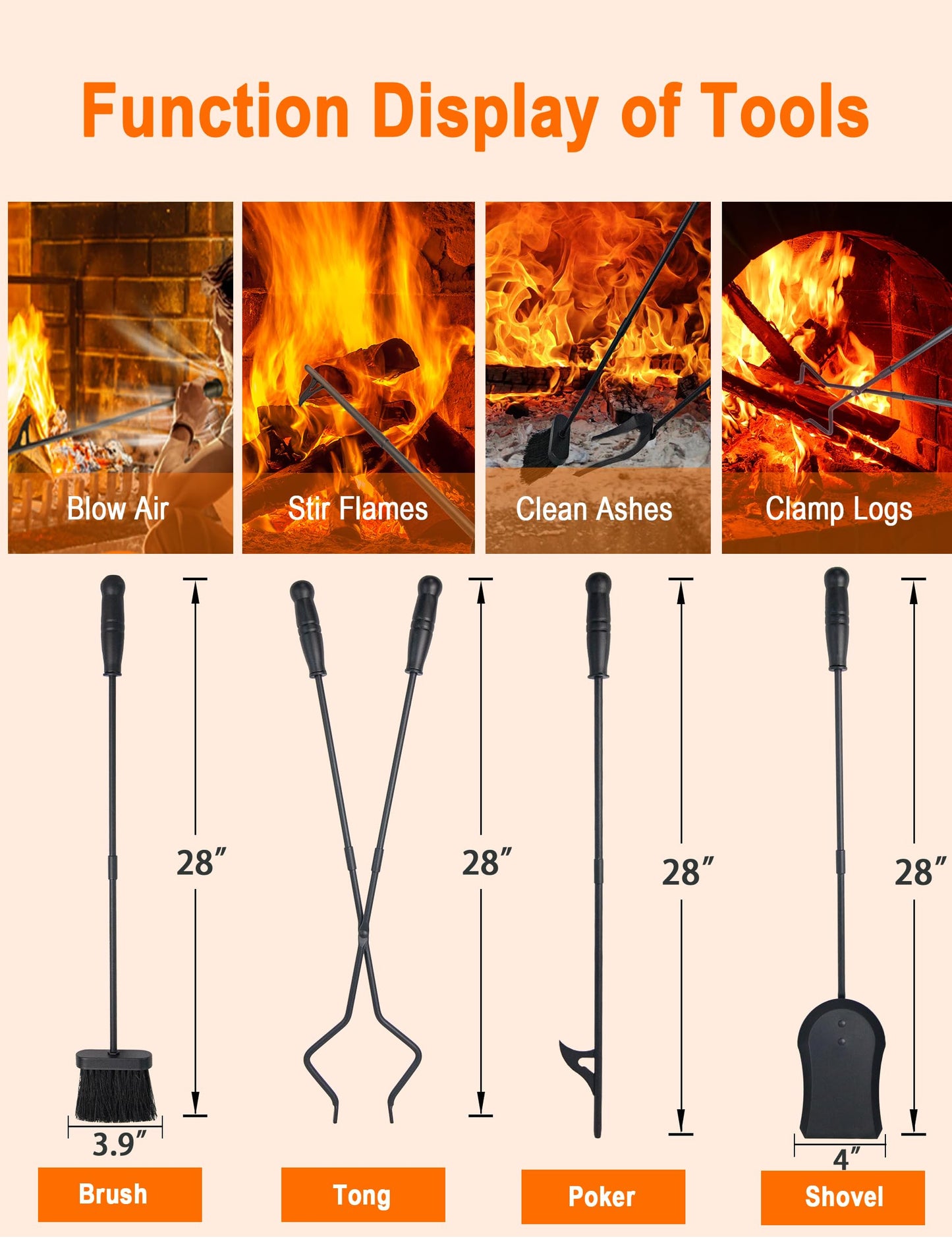 Tomersun Fireplace Tools 5 Pcs 31.5In Fireplace Tool Set Indoor Fireside Accessories Large Fire Place Tools Set Outdoor Fireplace Kit with Poker Shovel Tongs Brush, Stand