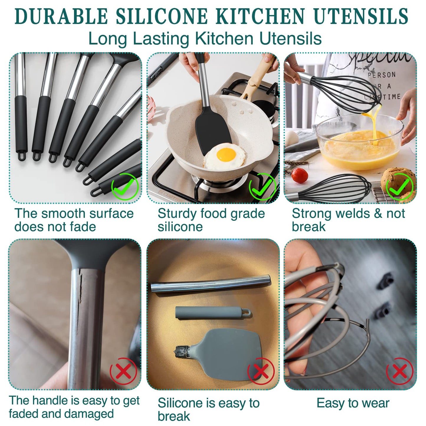 Silicone Cooking Utensil Set, Umite Chef 15pcs Silicone Cooking Kitchen Utensils Set, Non-stick - Best Kitchen Cookware with Stainless Steel Handle - Black Kitchen Utensils