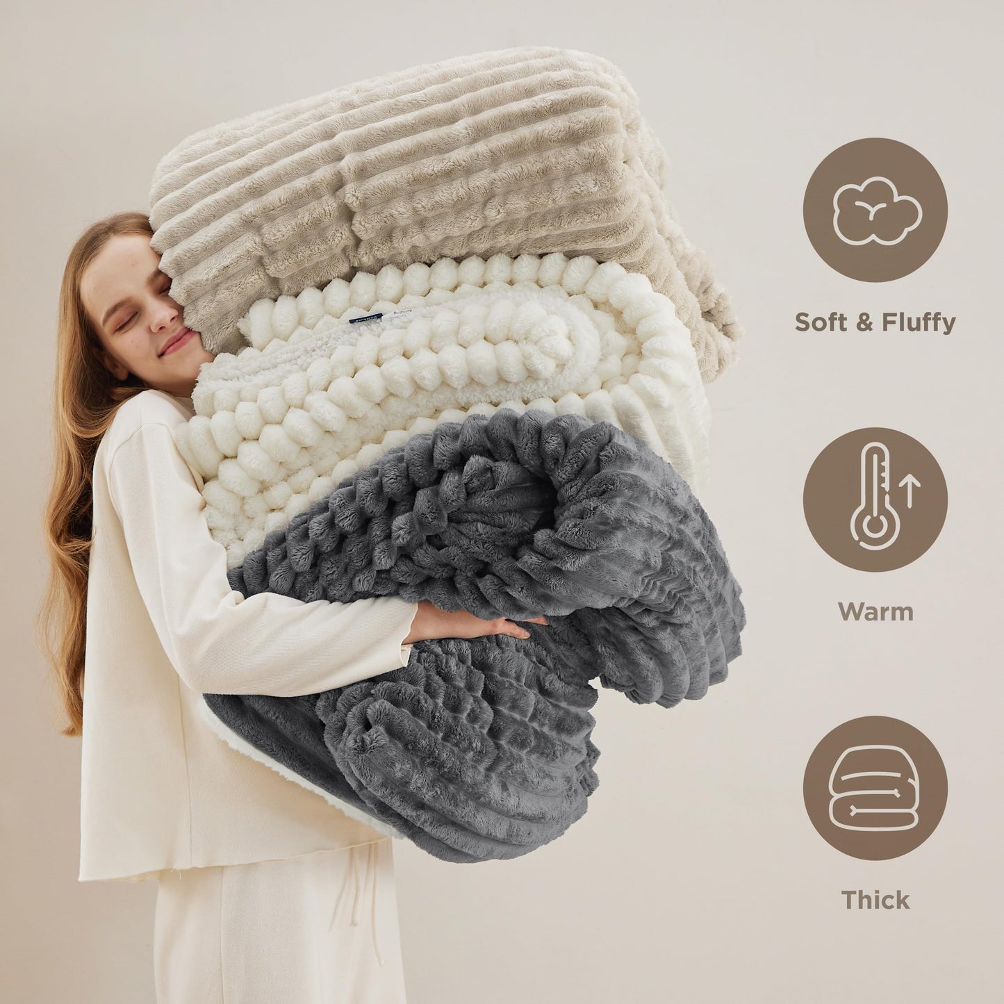 Bedsure Sherpa Blanket Queen Size for Bed - Super Soft, Cozy Fleece Thick Warm Blanket for Winter, GentleSoft Home Room Decor, Beige, 90x90 Inches