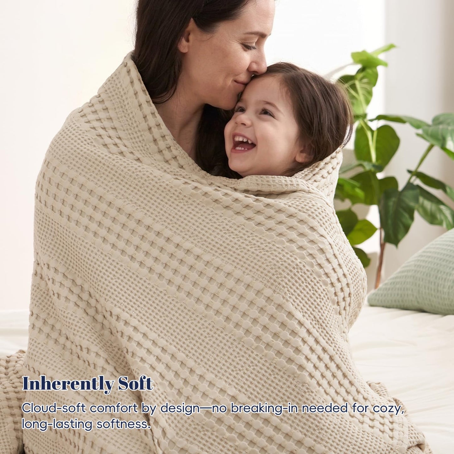 PHF Cooling Waffle Blanket Queen Size, Lightweight 60% Rayon from Bamboo & 40% Cotton Breathable Blanket for Hot Sleepers, Summer Use, Soft Luxury for Bed Couch Sofa, 90"x90", Light Tan