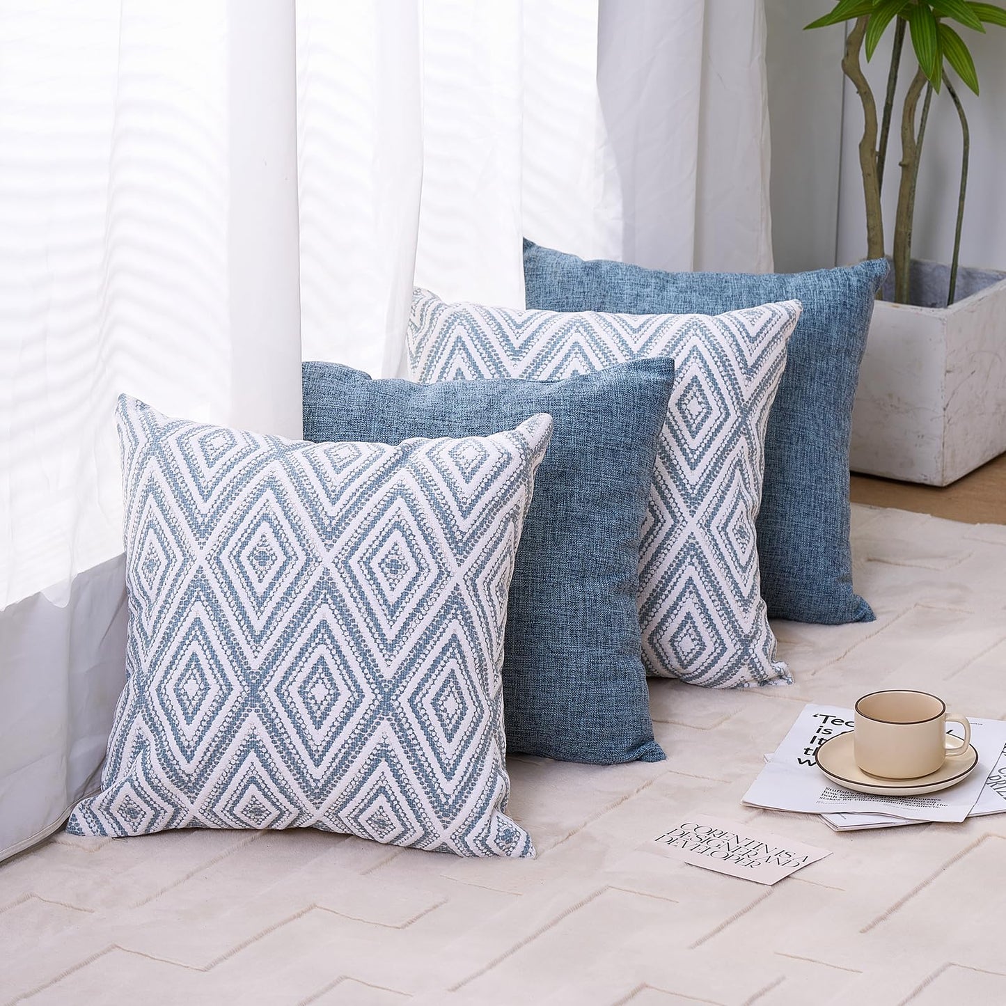 HPUK Decorative Throw Pillow Covers Set of 4 Square Couch Pillows Linen Cushion Cover for Couch Sofa Living Room, 18"x18" inches, Blue