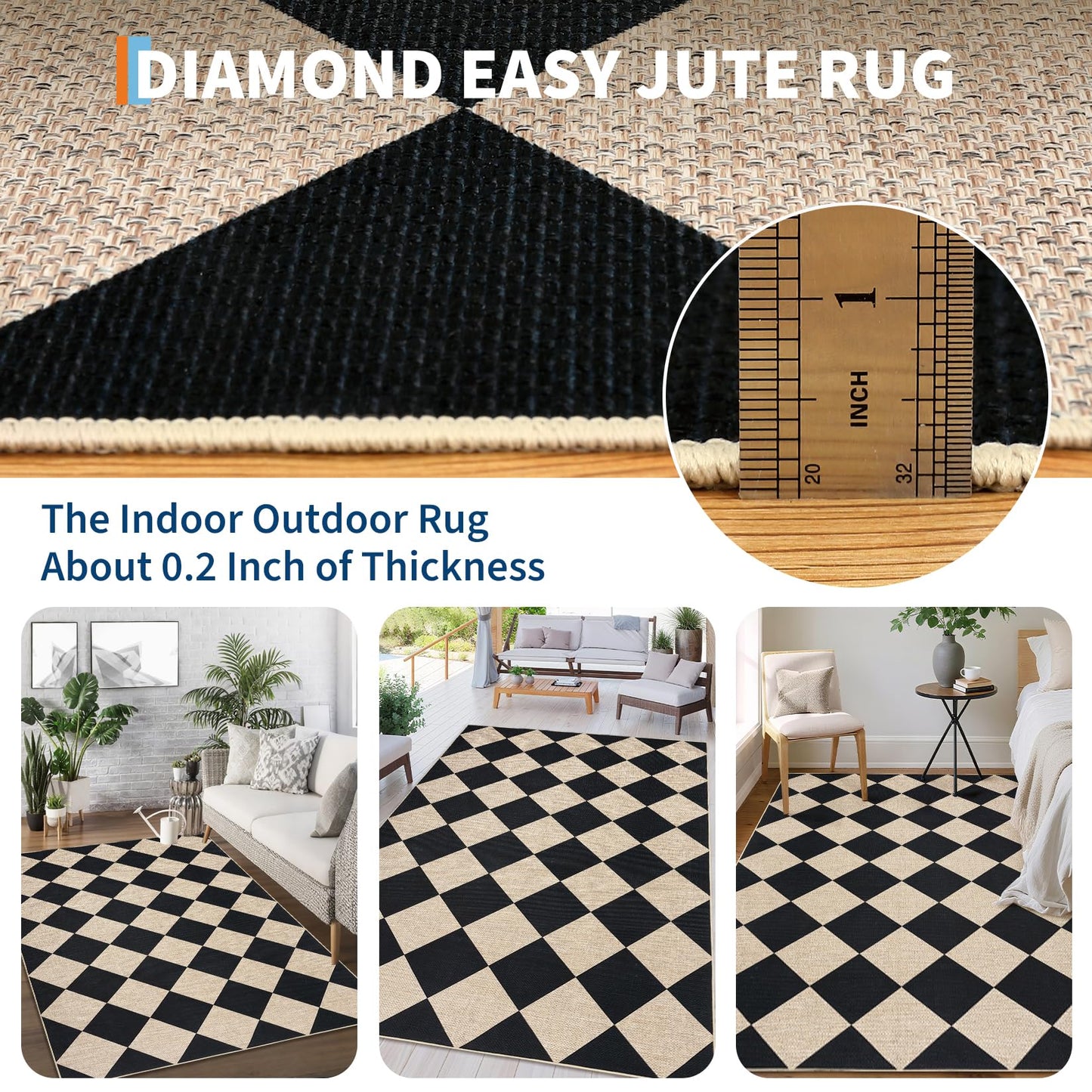 GarveeHome Checkered Easy Jute 5x7 Area Rugs for Living Room Machine Washable Non-Slip Backing Stain Resistant Modern Indoor Outdoor Rugs for Farmhouse Dining Room Patio Black