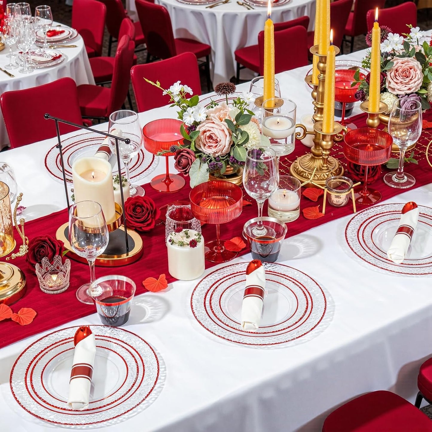 Ciaell 350 PCS Clear and Red Plastic Plates – Red Dinnerware Set for 50 Guests Include 100 Plastic Plates, 50 Pre Rolled Napkins with Cutlery Set, 50 Cups for Wedding & Party