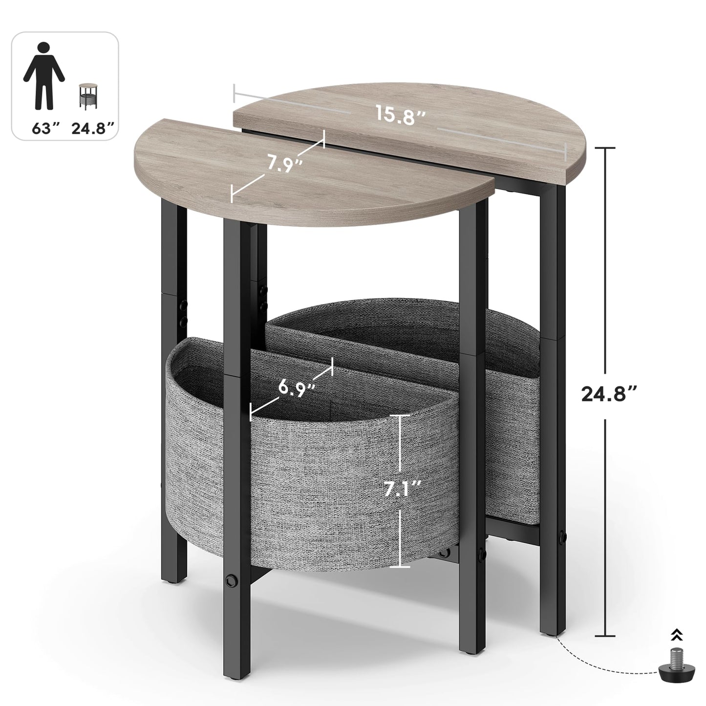 Vagusicc Small Round Side Table End Table, Tall Accent Table with Storage Basket, Set of 2 Half Round Tables Half Moon Tables, Coffee Bedside Tables, Modern Nightstand for Living Room Bedroom, Gray