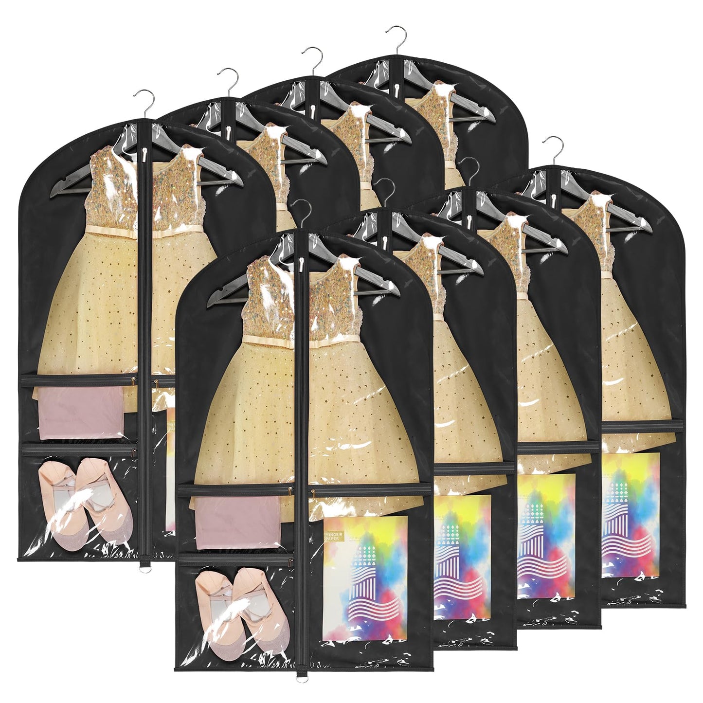 Univivi 40 Inch Kids Dance Costume Garment Bag, Dance Competition Garment Bags for Teens With 3 Medium Clear Zipper Pockets for Storage And Travel (Black) - 8 Pack