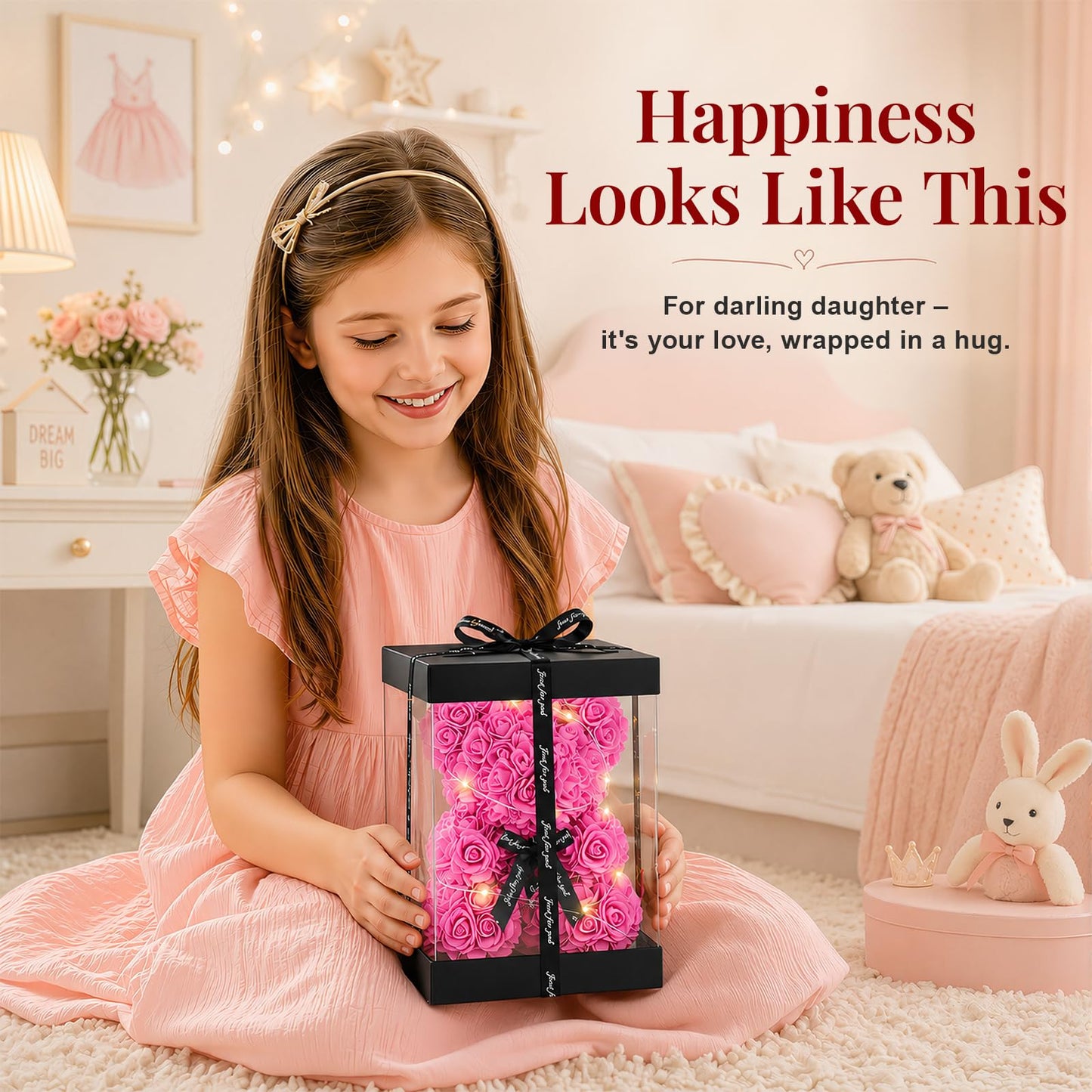 Otlonpe Preserved Artificial Roses Flowers Bear, Forever Women Gifts for Birthday Christmas Valentines Mothers Day, 9'' Pink Rose Flower Small Bear Lamp in Box, Gifts for Women Mom Grandma Daughter