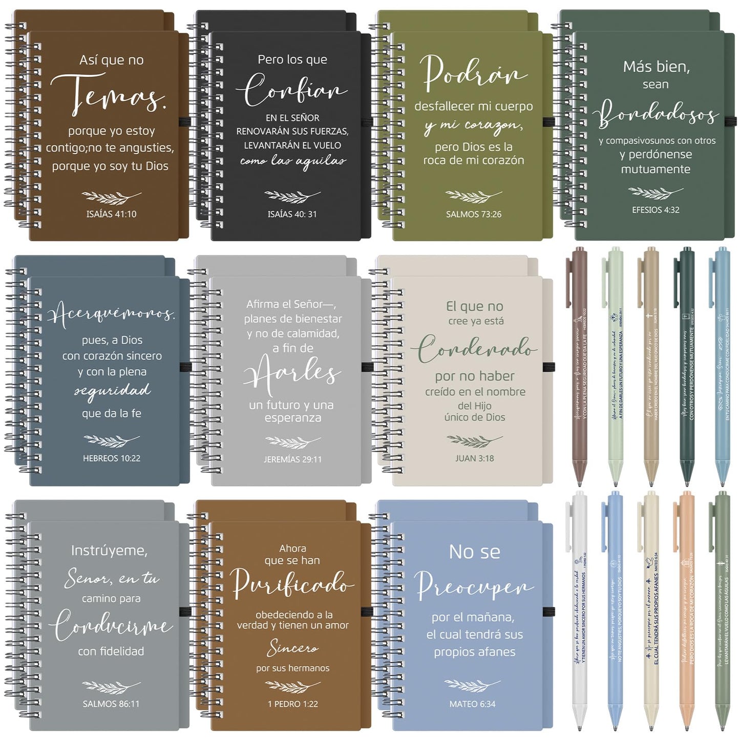 Resurhang 40 Pcs Spanish Christian Gift 20 Spiral Religious Notebook 20 Bible Pen Christian Prayer Journal Ballpoint Pen for Church Gift(Bible,Natural Color)