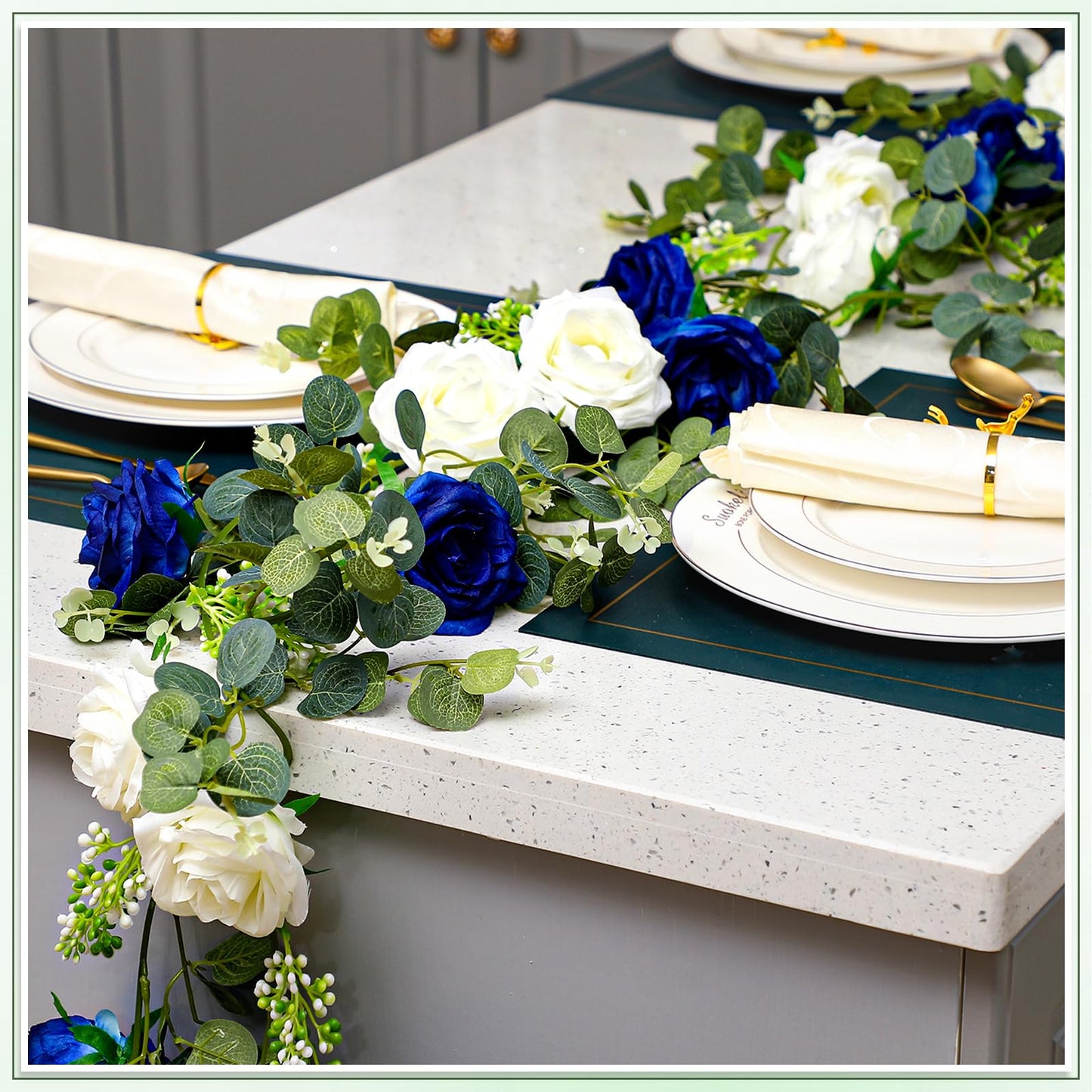Riceshoot 4 Pcs 26 ft Artificial Eucalyptus Vines Garland with Flowers Faux Floral Greenery Garlands Rose Wreath for Wedding Party Arch Table Decor Backdrop Decorations (Blue and White)