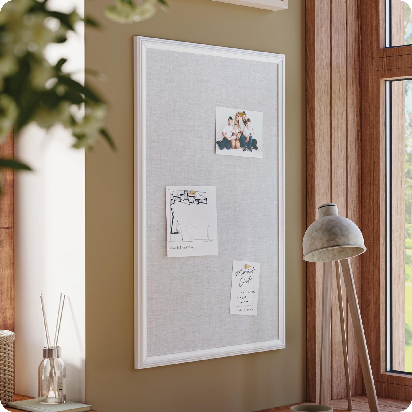 U Brands Farmhouse Large Bulletin Board 20 x 30 Inch Linen Fabric Pin Board, White Wood Style Frame, Wall Message Center & Vision Board for Farmhouse Decor, Home Office, Classroom, Includes Push Pins