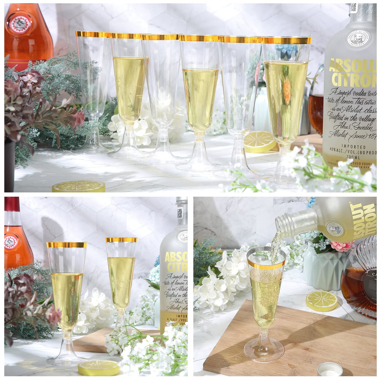CHENGU 150 Pcs Champagne Flutes 5 Oz Plastic Disposable Champagne Flutes Crystal Wine Glasses Reusable Plastic Cocktail Cups for Wedding Celebration Toasting Drinking (Gold,Classic)