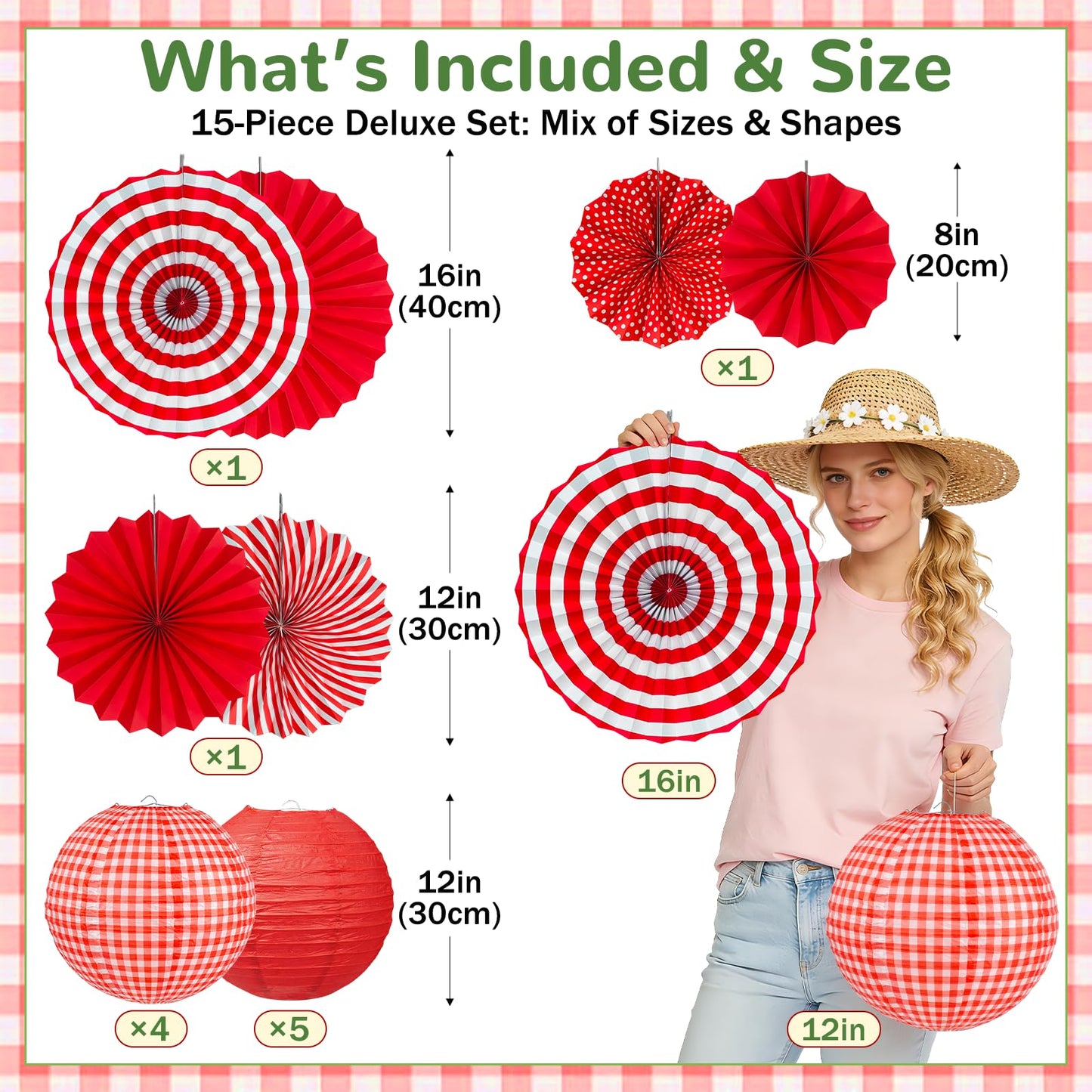 15 Pcs Red Gingham Party Decorations, 12 Inch Hanging Paper Lanterns and Fans for Picnic, BBQ, Pizza Party, Crawfish Boil, Birthday, Baby Shower, Graduation
