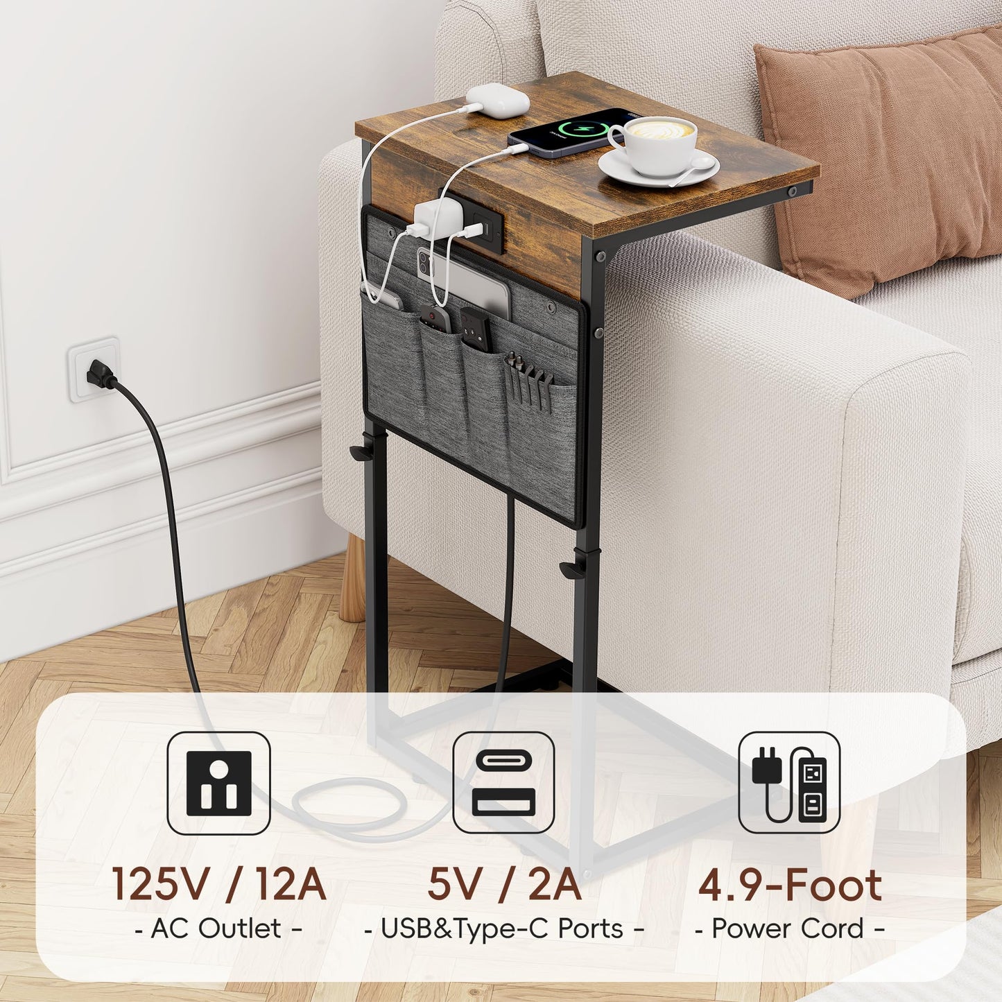 Vagusicc C Shaped End Table with Charging Station, 33" Tall Side Table for Couch, C Table End Table Adjustable Height Side Table TV Tray, Slide Under Sofa Couch Table for Living Room, Bedroom, Brown