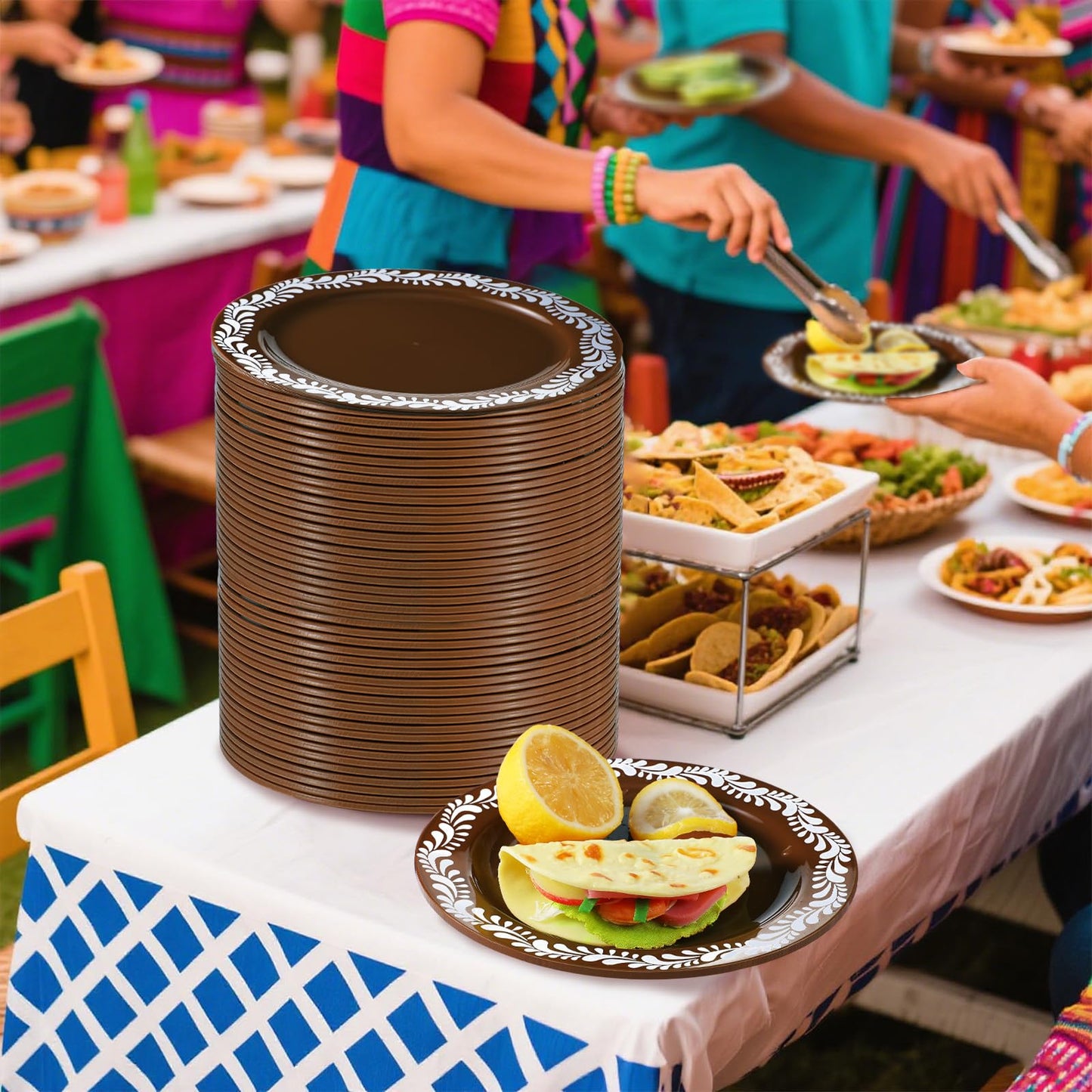 Yungyan 50 Pcs Mexican Plastic Plates Mexican Party Decoration Dinnerware Plastic Plates Cielito Lindo Birthday Baby Shower Party Decor(10.25inch,Brown,50)