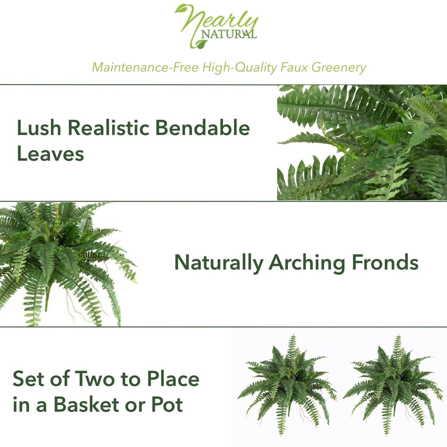 Nearly Natural 40in Hanging Artificial Boston Fern Plant Set of 2 - Realistic Faux Greenery for Indoor Home, Office, and Bathroom Decor