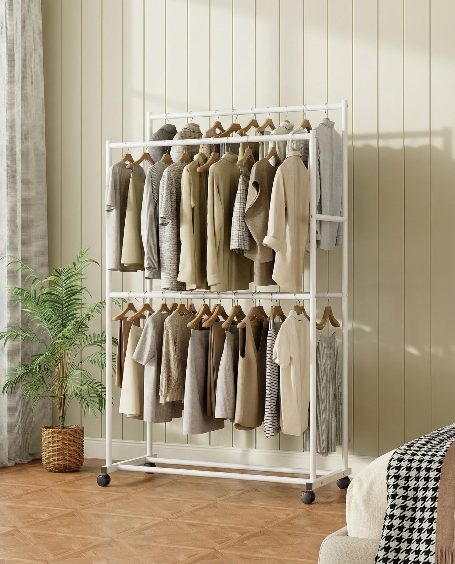 Heavy Duty Clothes Rack - 41.3" x 21.7" x 76.8", 4-Bar Double Rod Rolling Metal Clothing Rack for Hanging Clothes, Portable Garment Rack with Wheels for Bedroom Laundry, Closet Wardrobe, White