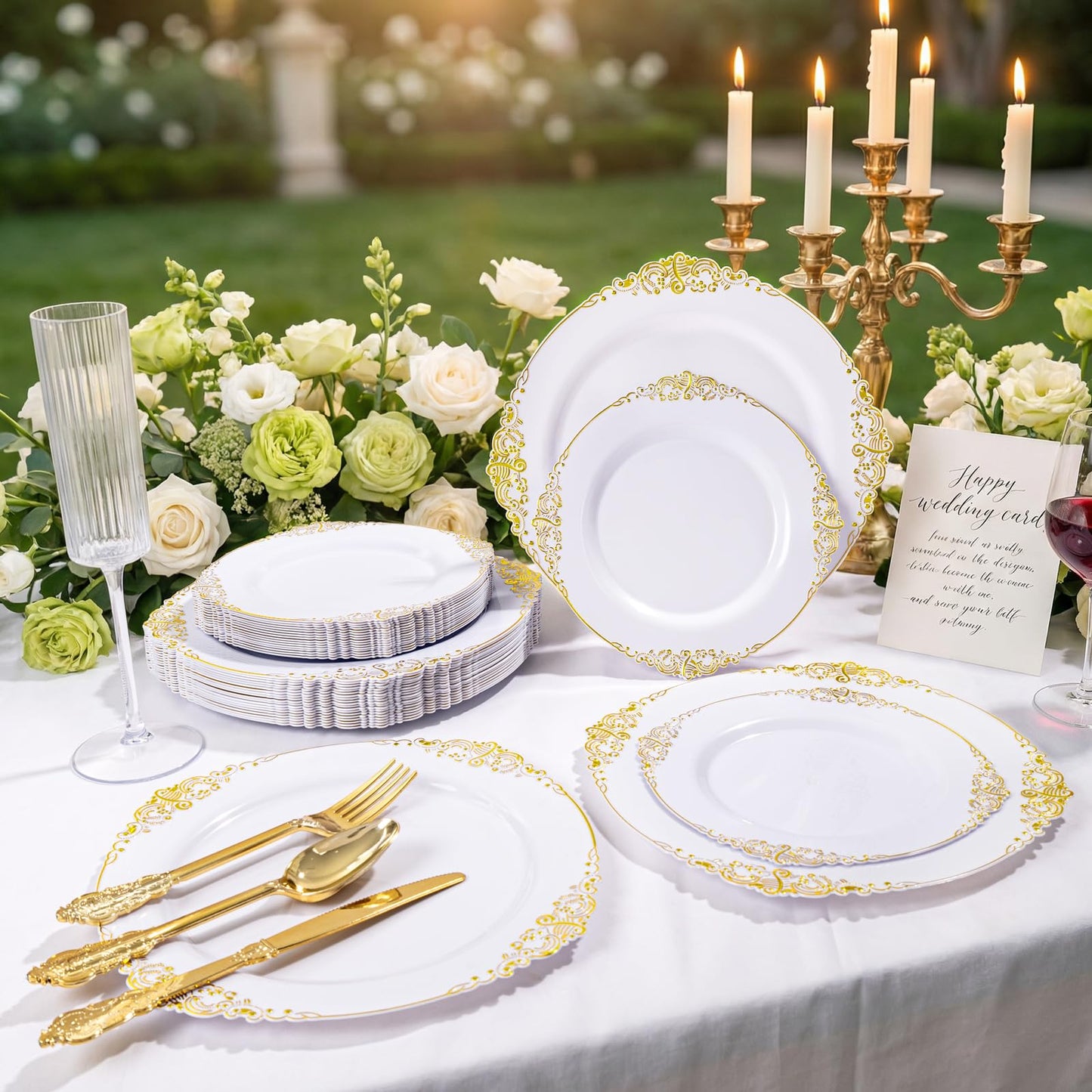 Joyido 200PCS White and Gold Plastic Plates - Gold Disposable Plates - Gorgeous Wedding Plate 10inch Dinner & 7.25inch Dessert Plate for 100 Guests for Wedding & Party