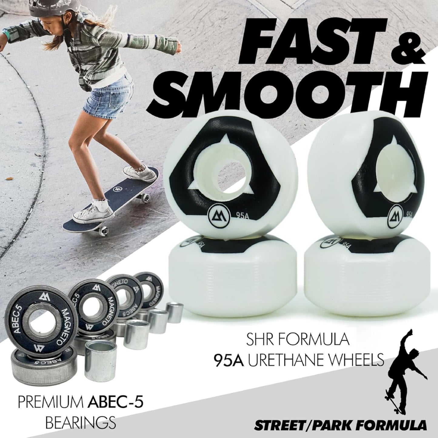 Magneto Kids Complete Skateboard for Girls - 27.5" x 7.75", Ice Cream Maple Deck - Double Kick Concave & 80-Grit Grip Tape, 51mm 95A Wheels & ABEC-5 Bearings, 5" Aluminum Trucks - Beginner Skateboard