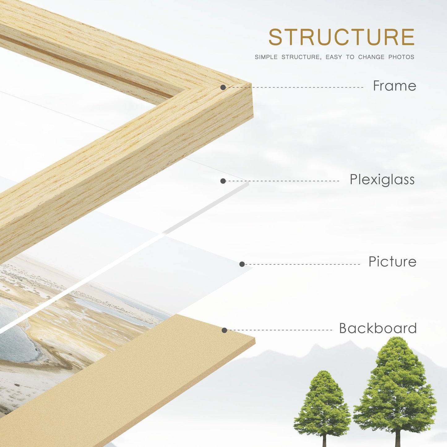 Fisnish 16x20 Picture Frame Set of 4, Natural Solid Wood Picture Frames, Display 16x20 Photos without Mat, Horizontal or Vertical Wall Mounting Poster Frame, Oak Wood Grain