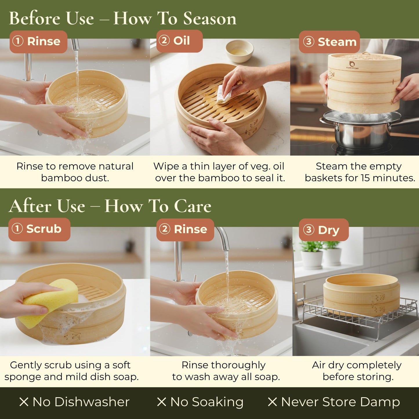 HAPPI STUDIO Bamboo Steamer Basket Set - 10 Inch Large Dumpling 2 Tier for Pots - Asian Cooking Dim Sum Bao Buns Momo Rice - Natural Chinese Steam Baskets Kit with Stainless Steel Ring (10-inch Extra Deep Bamboo Steamer w/ Ring)