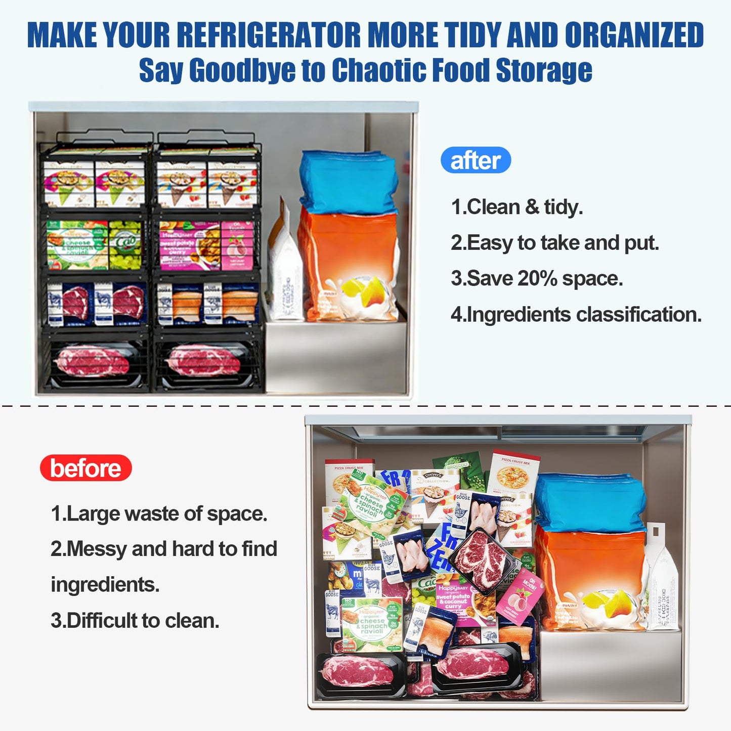 2Pcs Freezer Organizer Bins,11 to 17 inchs Large Scalable Stackable Freezer Storage Containers,Deep Freezer Organizer Bins Effectively Classify Food,Foldable Side Handles for Extra Storage Space