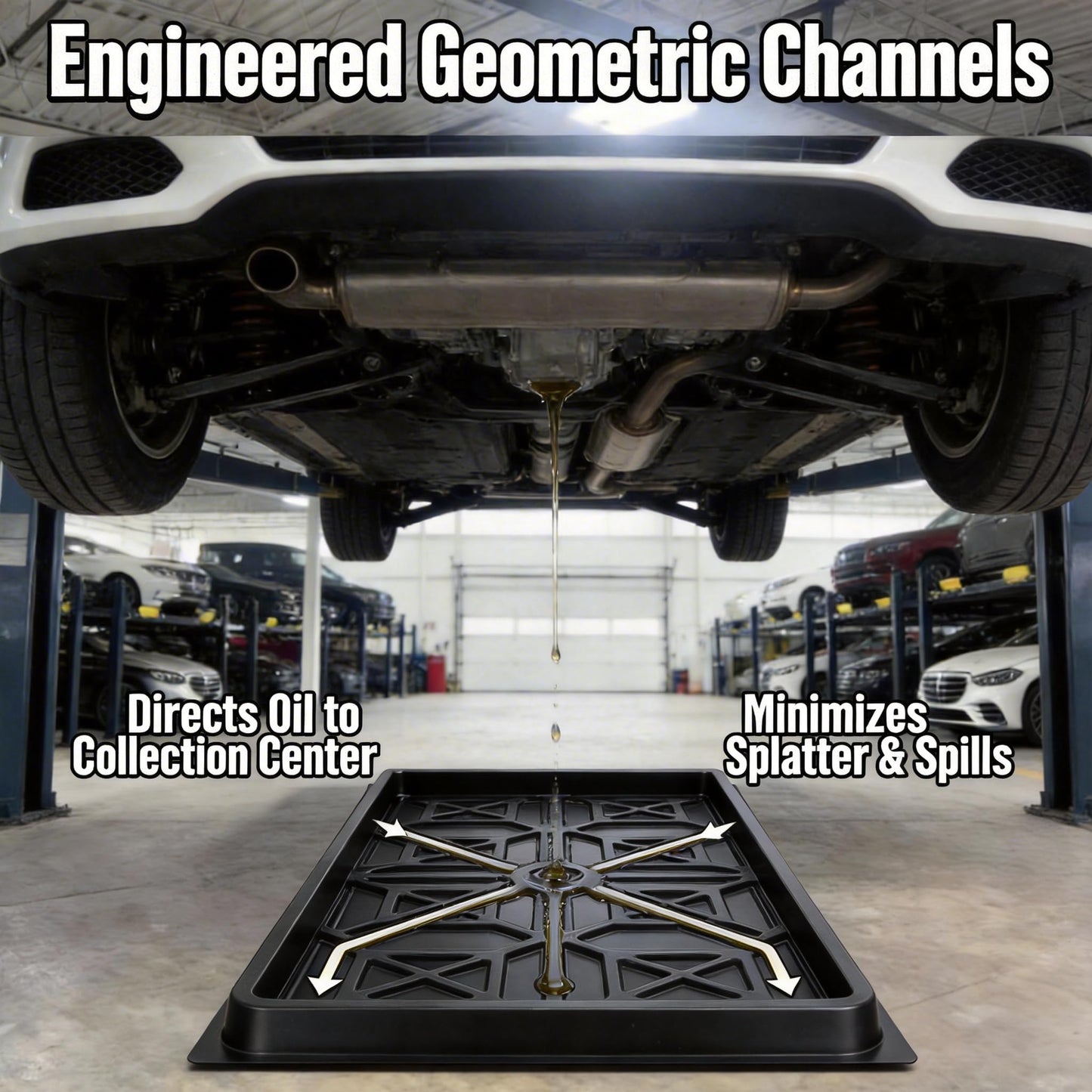 Oil Drain Pan for Car Maintenance, 37.4"x23.6"x1.5" Heavy Duty Oil Drip Tray with Geometric Channel Design | HDPE Oil Catch Pan for Vehicle Lifts, Garages & Workshops | Leak-Proof Oil Leak Catcher Pan