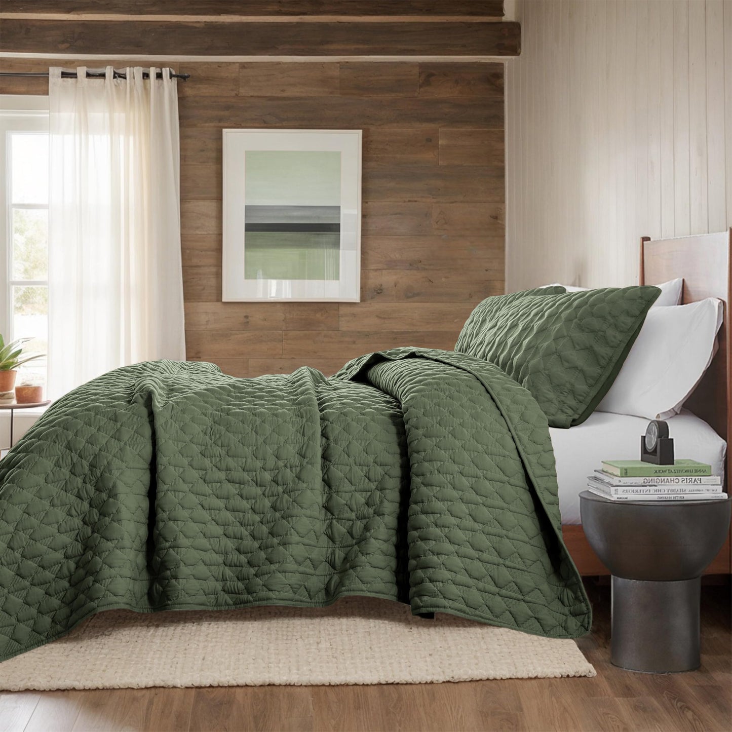 WDCOZY Olive Green Quilt King Size Bedding Set with 2 Pillow Shams, Lightweight Soft Bedspread Coverlet, Thin Comforter Bed Cover for All Season, 3 Pieces, 104x90 inches