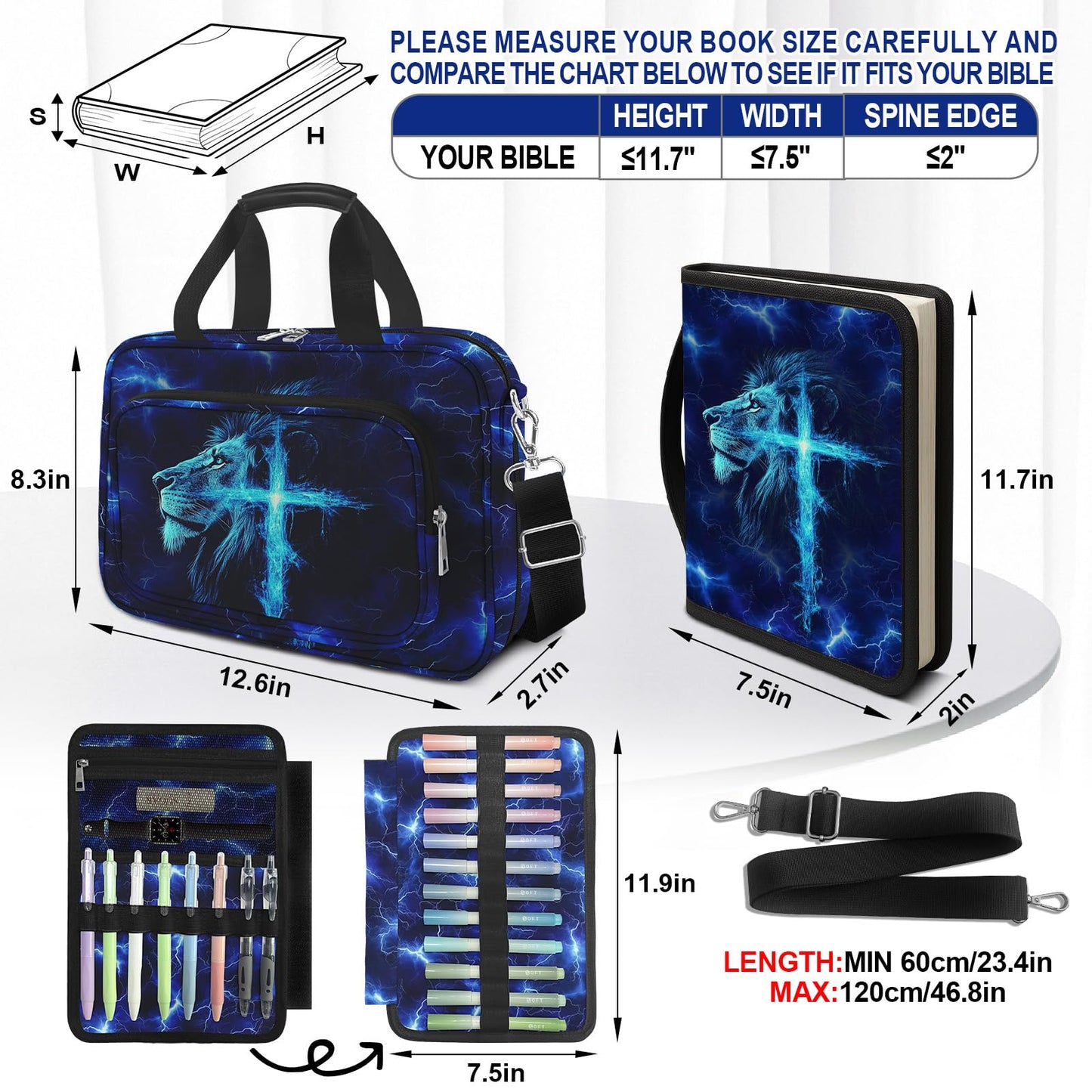 IBOVODI Lion Cross Large Bible Cover Case for Boys with Handle Zipper Pocket, Bible Study Supplies Journaling Kit Book Carrying Case with Pens Highlighters Cross Clips, Christian Gifts for Men Blue