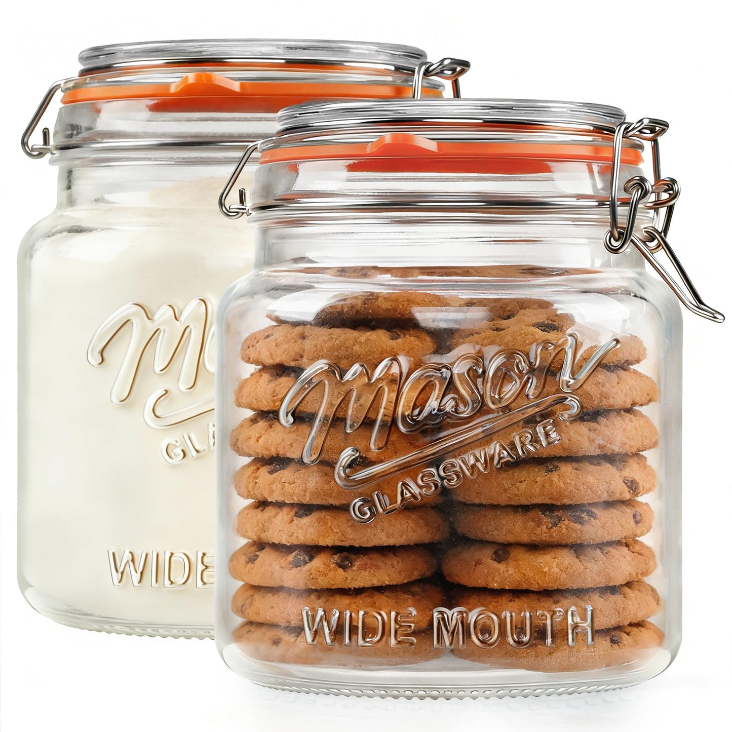 [NEW] 2 Pack Half Gallon Mason Jar with Hinged Lid, Wide Mouth Glass Flour Container for Food Storage, Cookie, Coffee, Pickle - 64 Oz Glass Jar with Glass Lid - Vintage Mason Jars w 2 Scale Marks