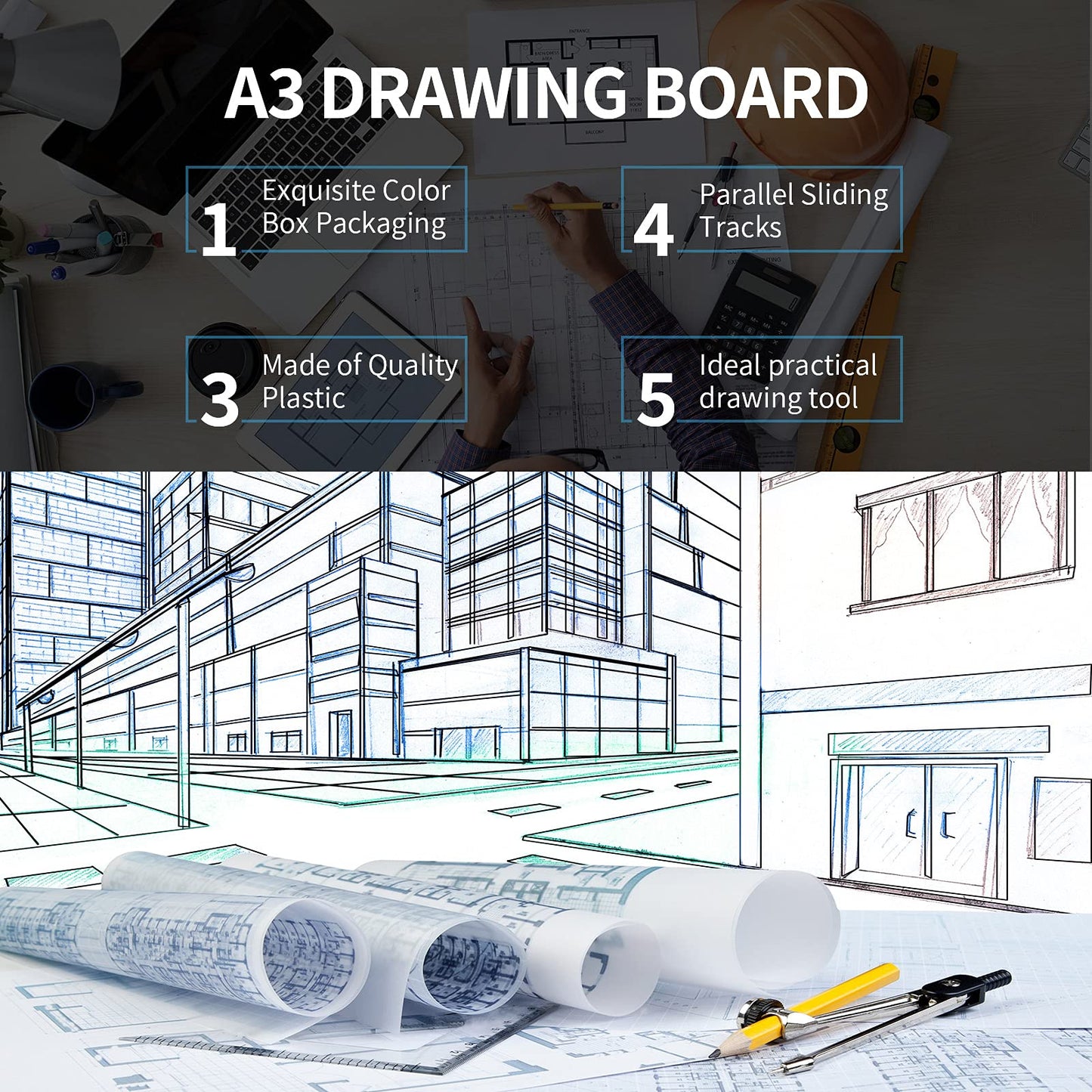 Zonon A3 Portable Drawing Board, Multi-Function Metric Drafting Table Drafting Board with Clear Rule Parallel Motion and Angle Adjustable Measuring System(A3)