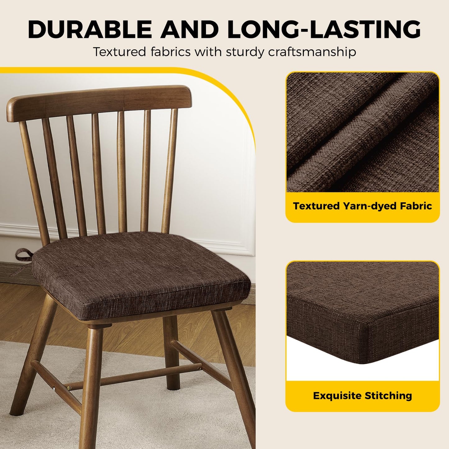 downluxe Indoor Chair Cushions for Dining Chairs, Soft and Comfortable Textured Foam Kitchen Chair Pads with Ties and Non-Slip Backing, 16" x 16" x 2", Brown, 4 Pack
