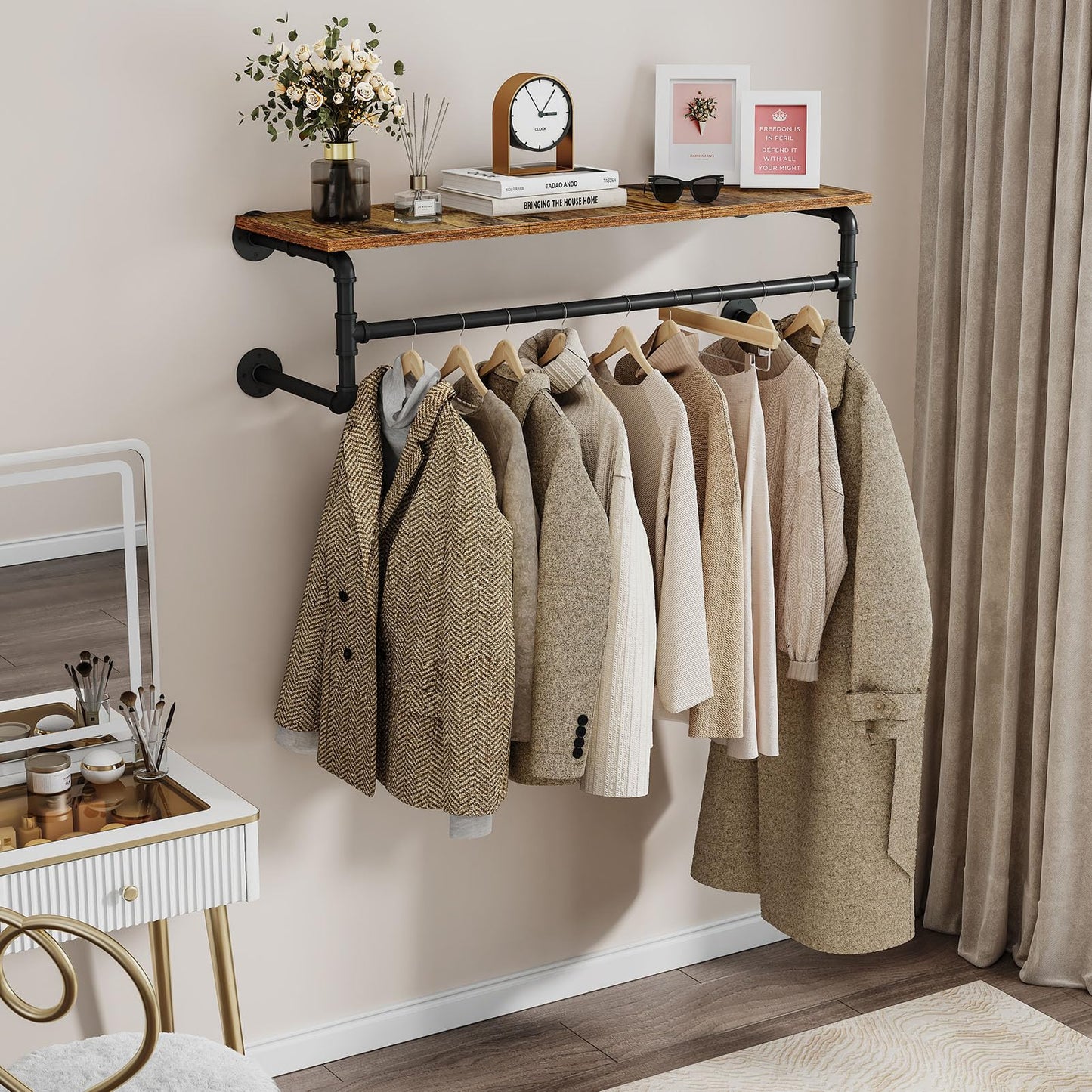 UlSpeed Clothes Rack with Top Shelf, 43.3in Industrial Pipe Wall Mounted Garment Rack, Space-Saving Display Hanging Clothes Rack, Heavy Duty Detachable Multi-Purpose Hanging Rod for Closet Storage