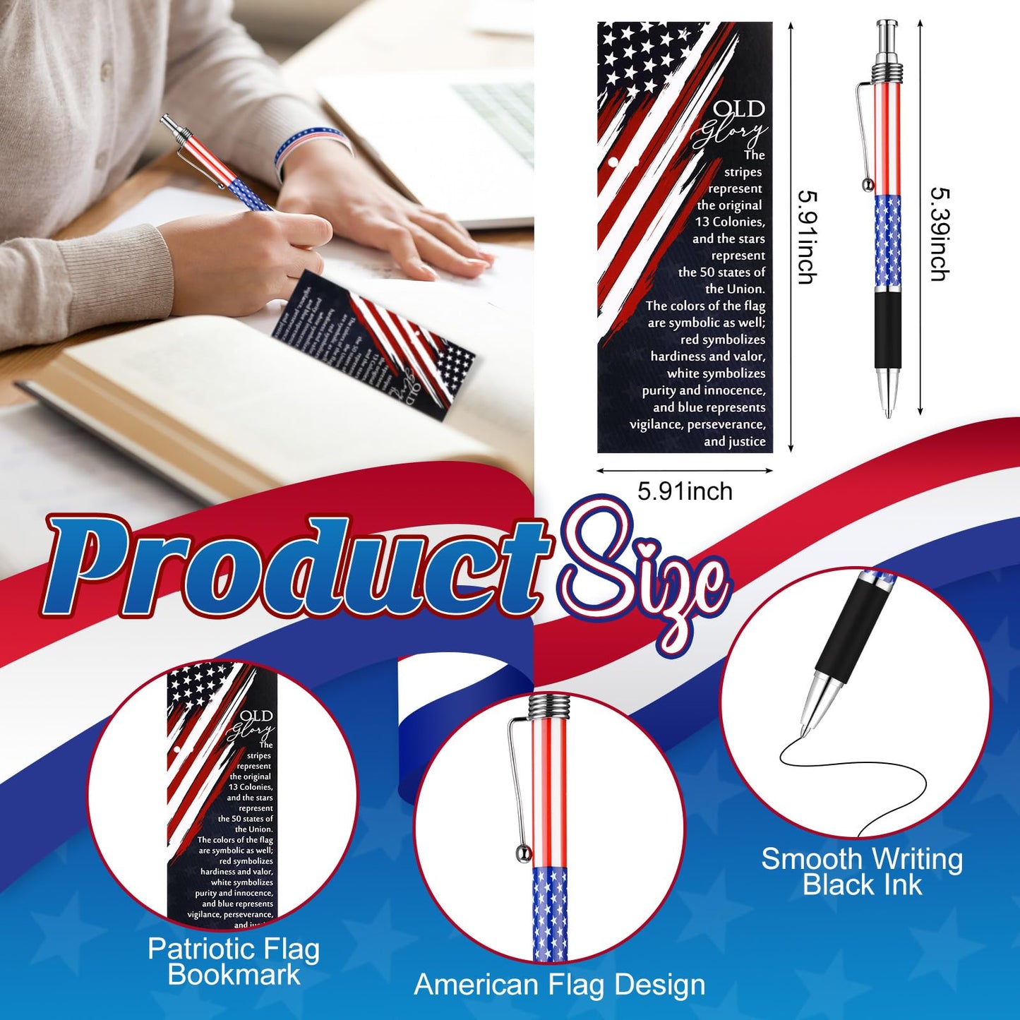 Sayglossy 60 Sets/180 Pcs 4th of July Party Favors 250th Anniversary Flag Ballpoint Pens Silicone Wristband Bookmarks Patriotic Souvenir for 1776-2026 Commemorative Memorial Veteran Independence