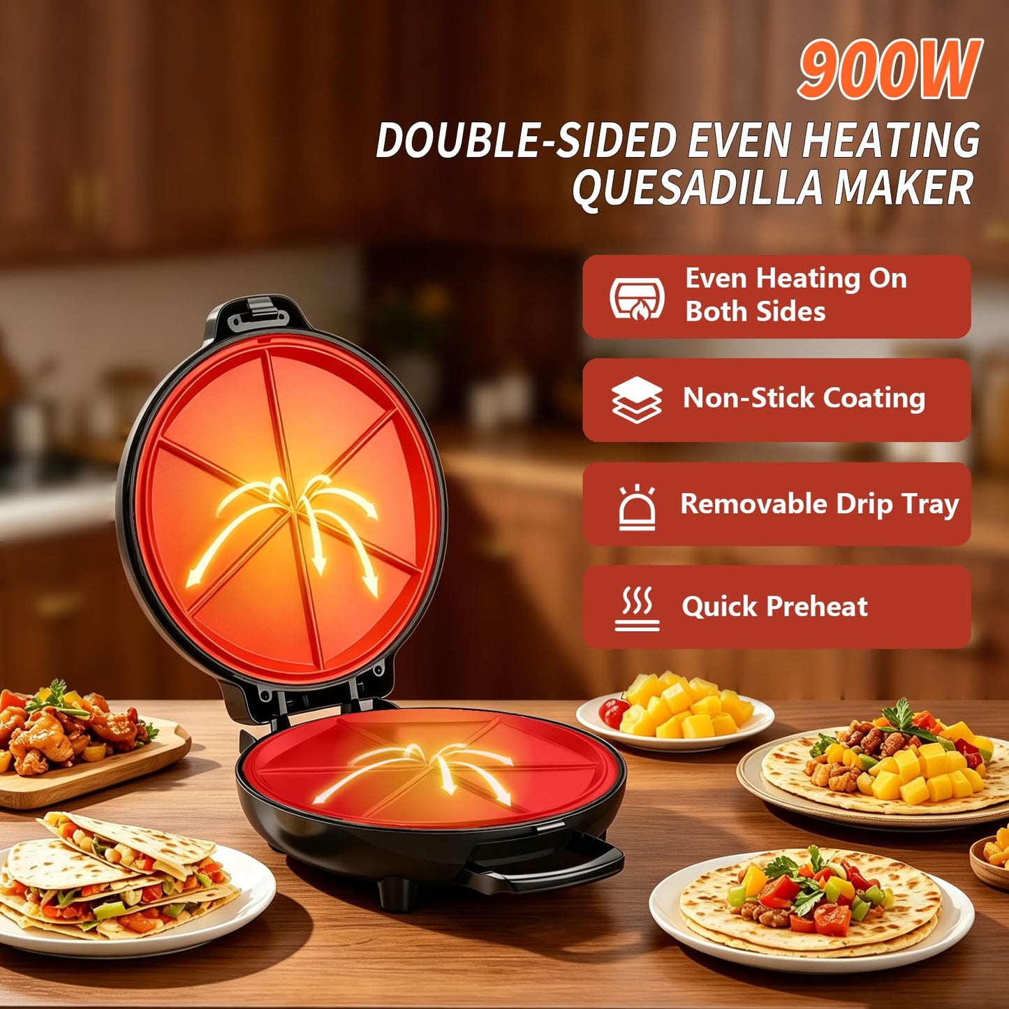 Electric Quesadilla Maker, 9.5'' Quesadilla Press with Extra Stuffing Latch, Easy Slice 6 Wedge, Grilled Cheese Corn Flour Tortilla Snacks, Nonstick Plates, Easy to Clean, Non-Slip Feet, Black