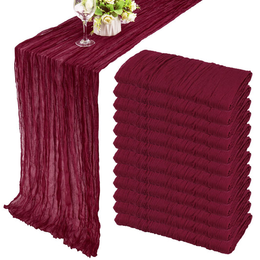 12 Pack 10Ft Cheesecloth Table Runner 35x120 Inch Boho Gauze Table Runner Rustic Cheese Cloth Long Romantic Table Runners for Wedding Bridal Shower Birthday Party Table Decor (Burgundy)